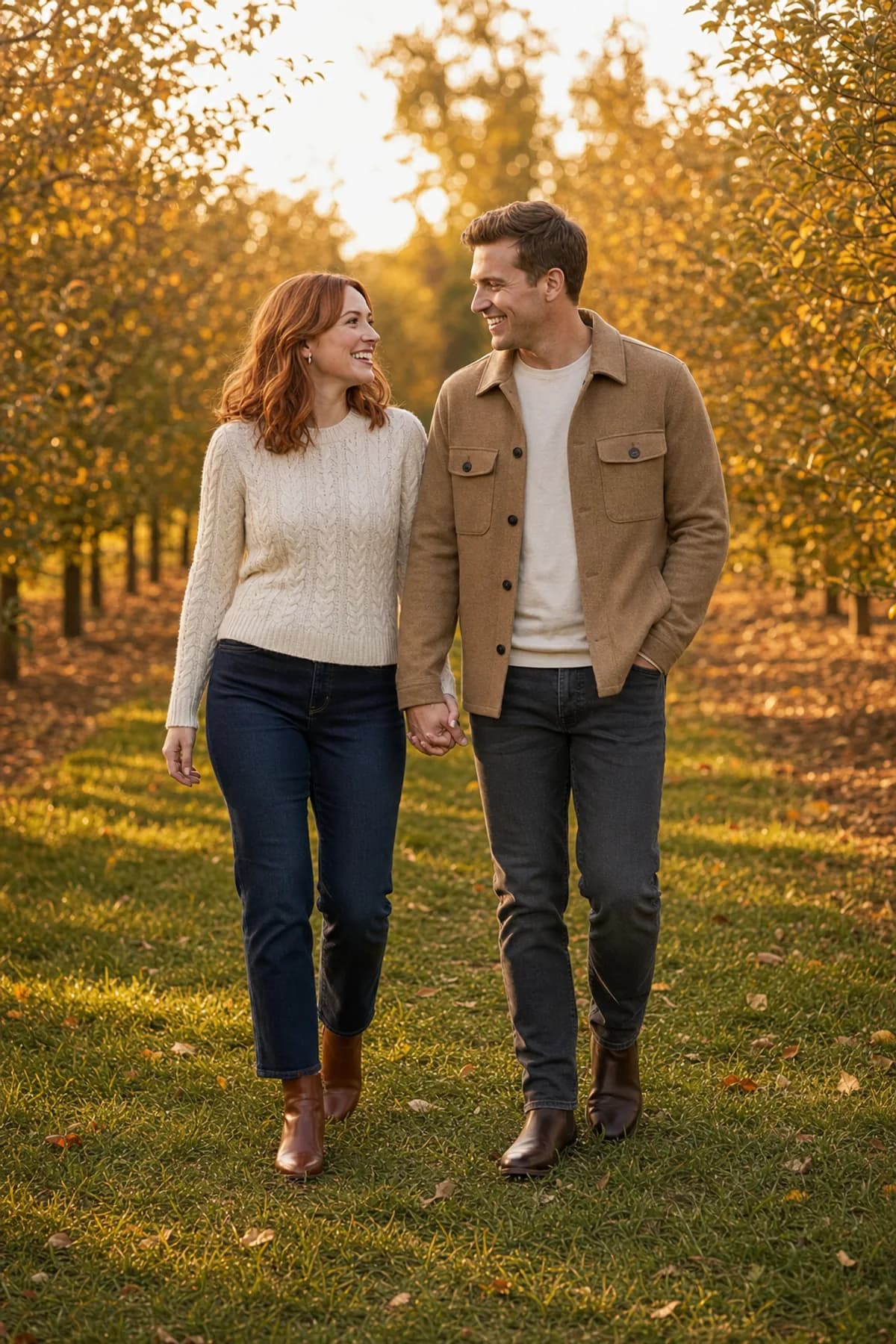 Fictional engaged couple laughing on an orchard walk in a cream cable-knit sweater and camel overshirt