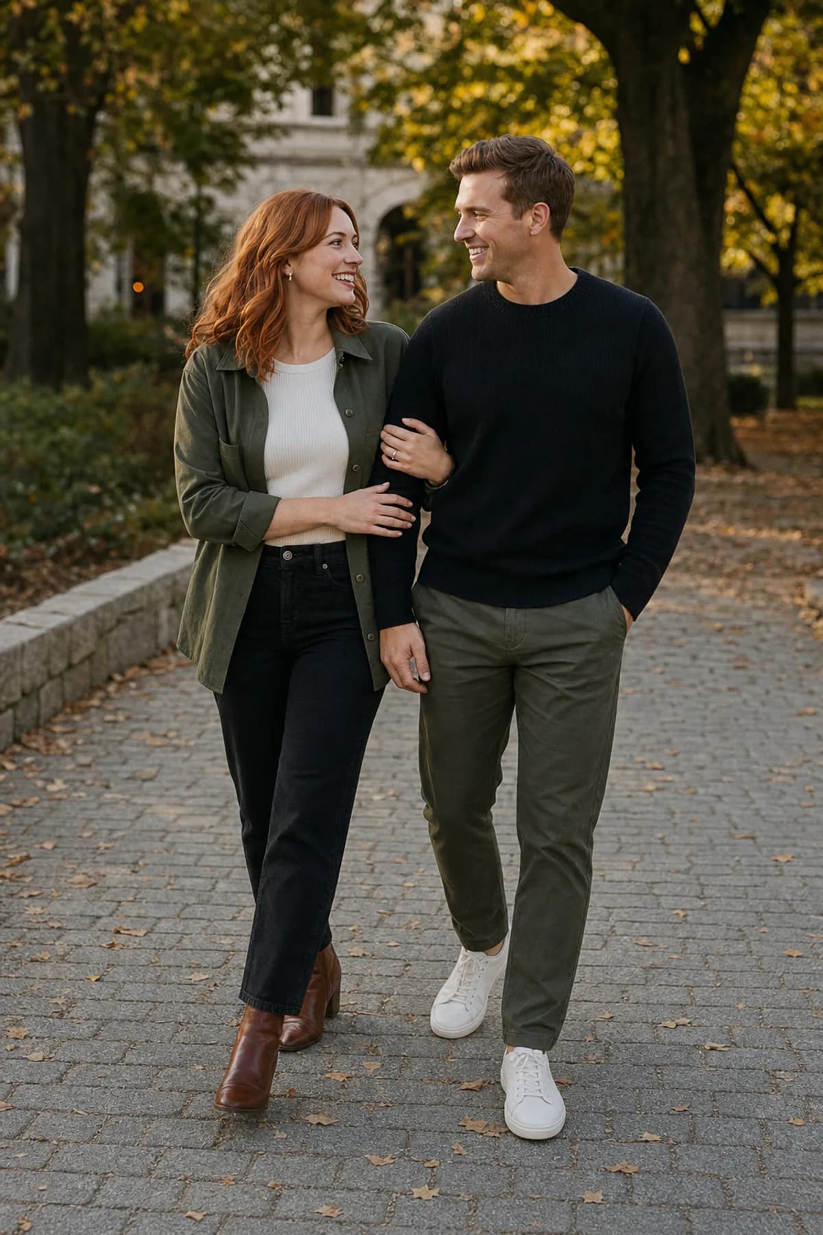 Fictional engaged couple walking arm in arm on a city park path in olive, ivory, and black layers