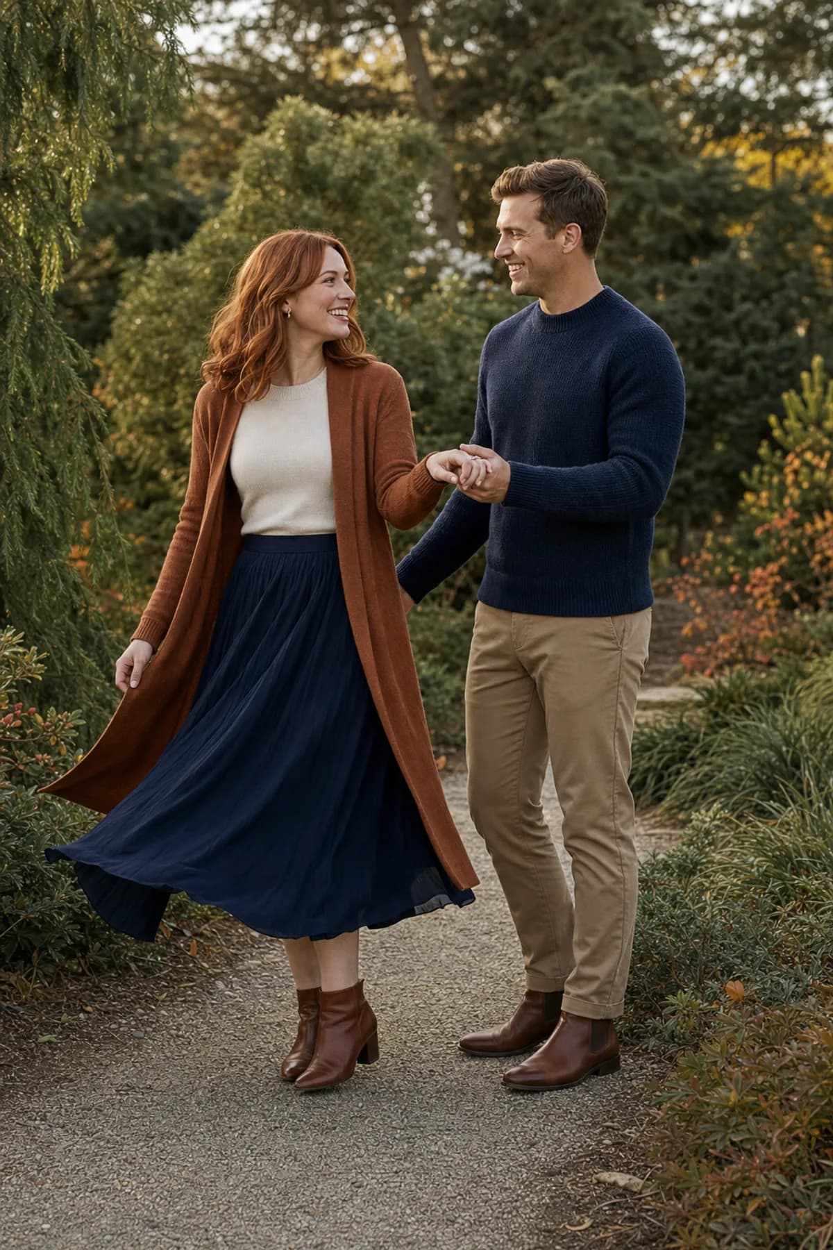 Fictional engaged couple sharing a hand-led turn in an evergreen garden while wearing rust and navy
