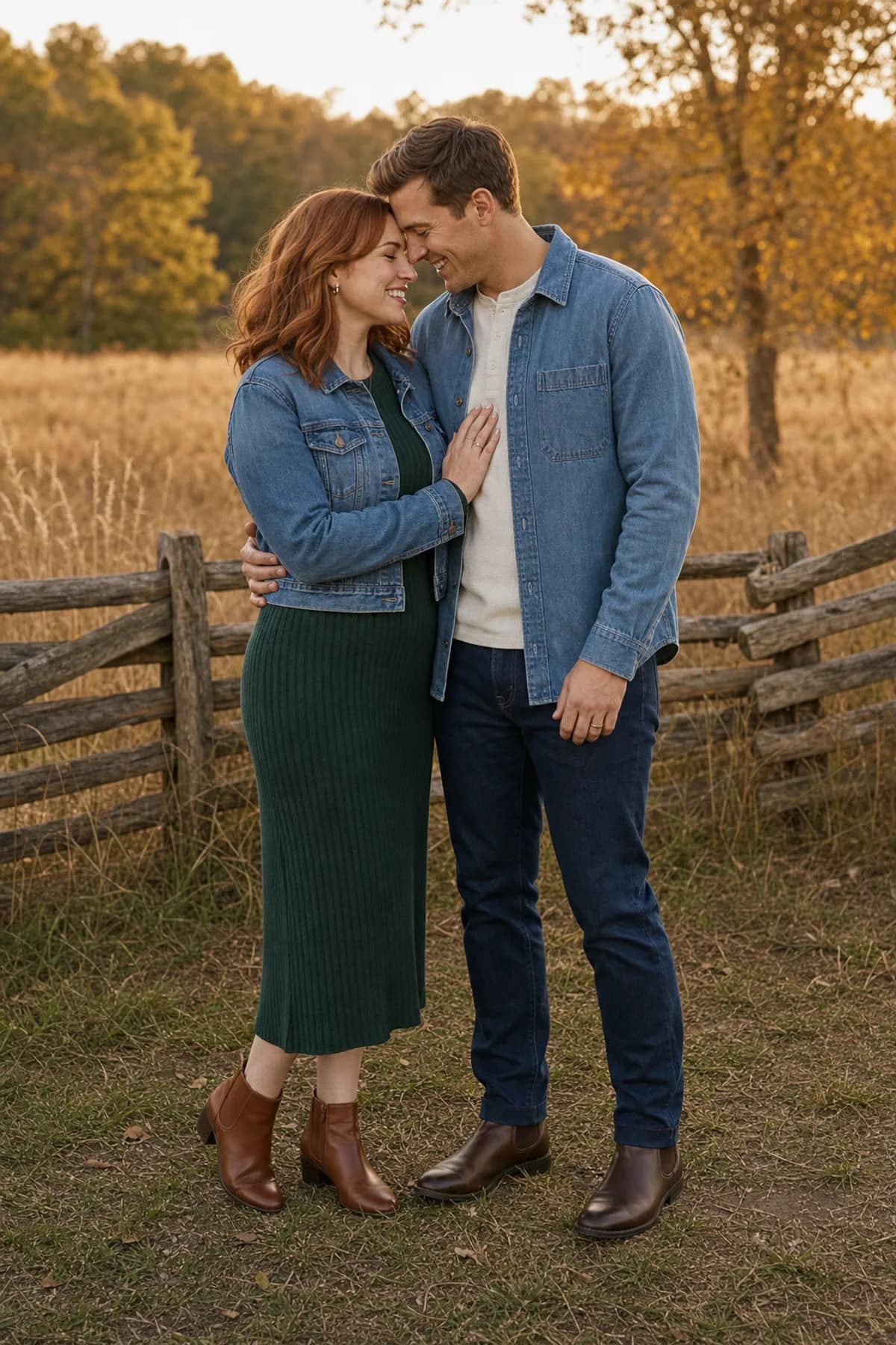 Fictional engaged couple standing close by a farm fence in a deep-green knit dress and different denim washes