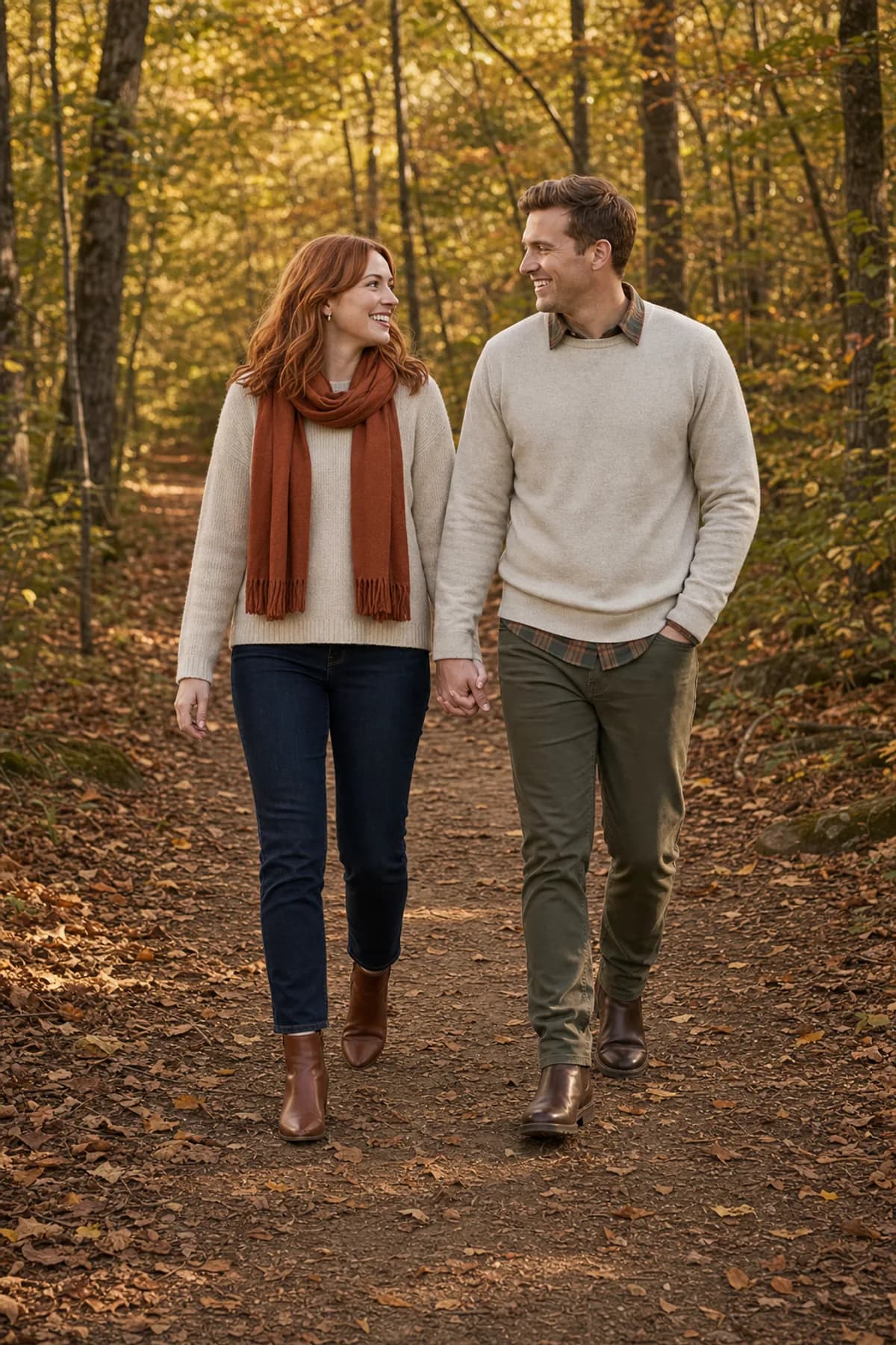 Fictional engaged couple holding hands on a wooded trail in oat knits, a rust scarf, and brown boots