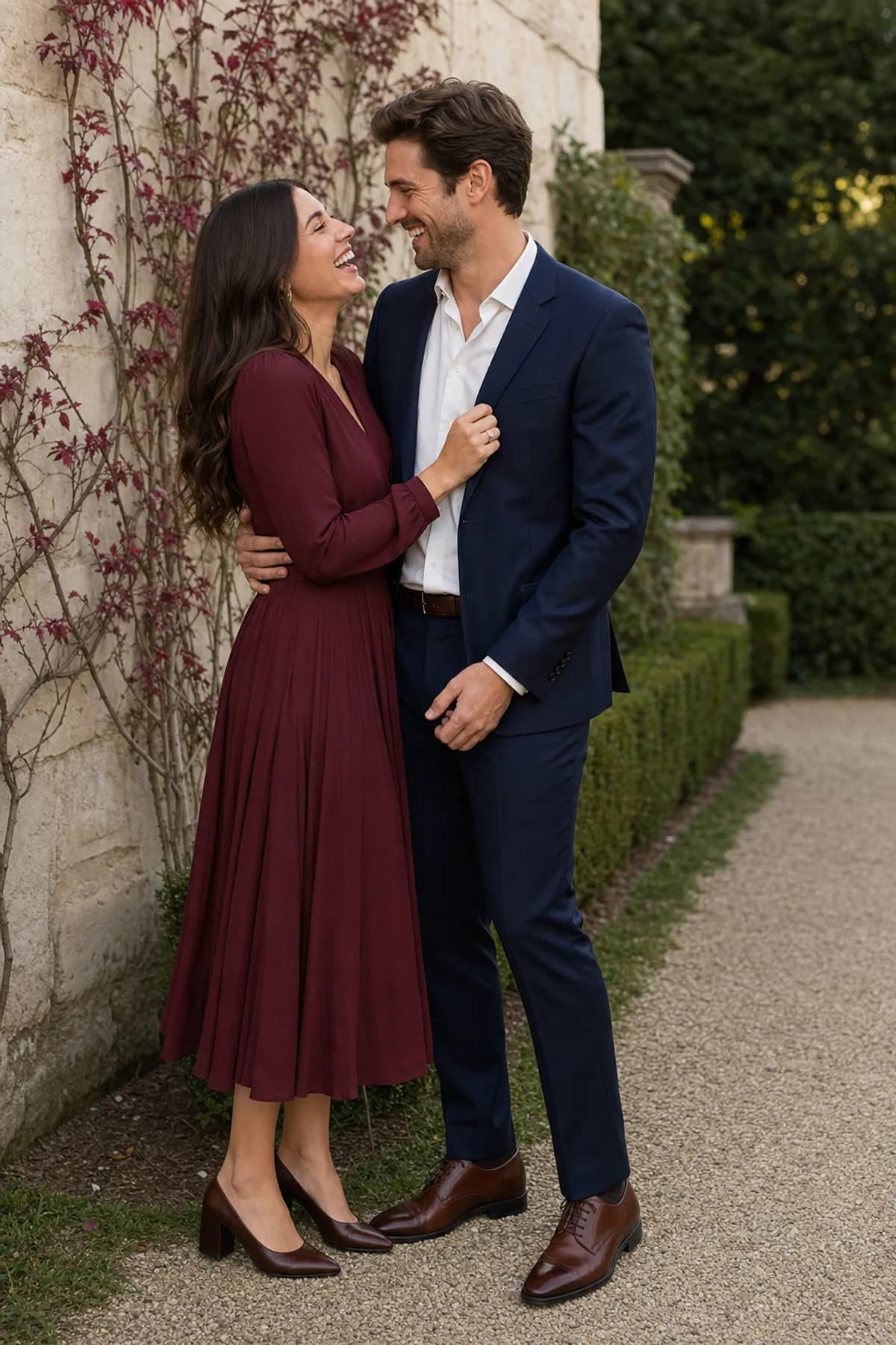 Fictional engaged couple standing close in a formal garden while wearing a burgundy dress and navy suit
