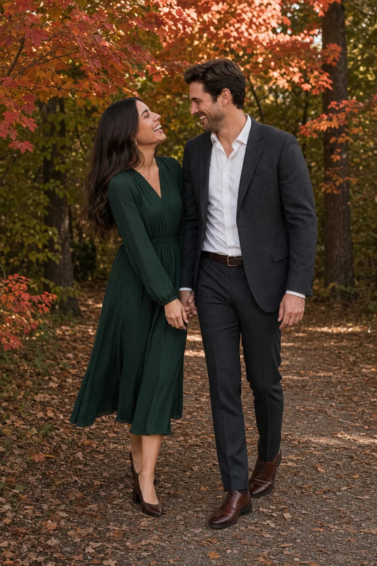 Fictional engaged couple walking beneath red leaves in a forest-green dress and charcoal tailoring