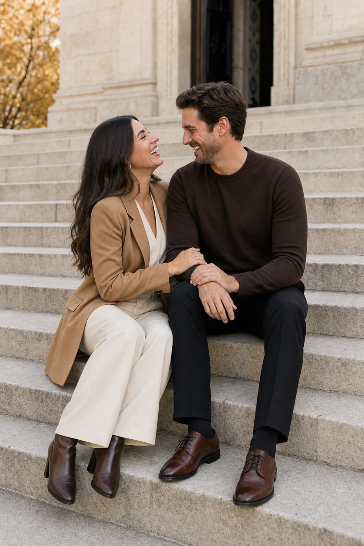 Fictional engaged couple seated on museum steps in a cream jumpsuit, camel blazer, and dark knit