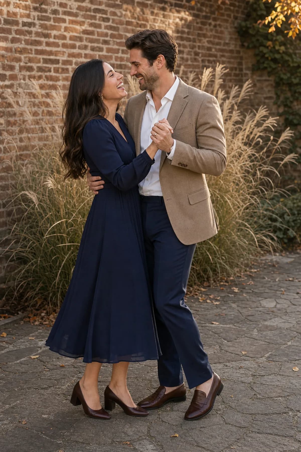 Fictional engaged couple sharing a small dance in a navy dress and tan sport coat beside brick and grass
