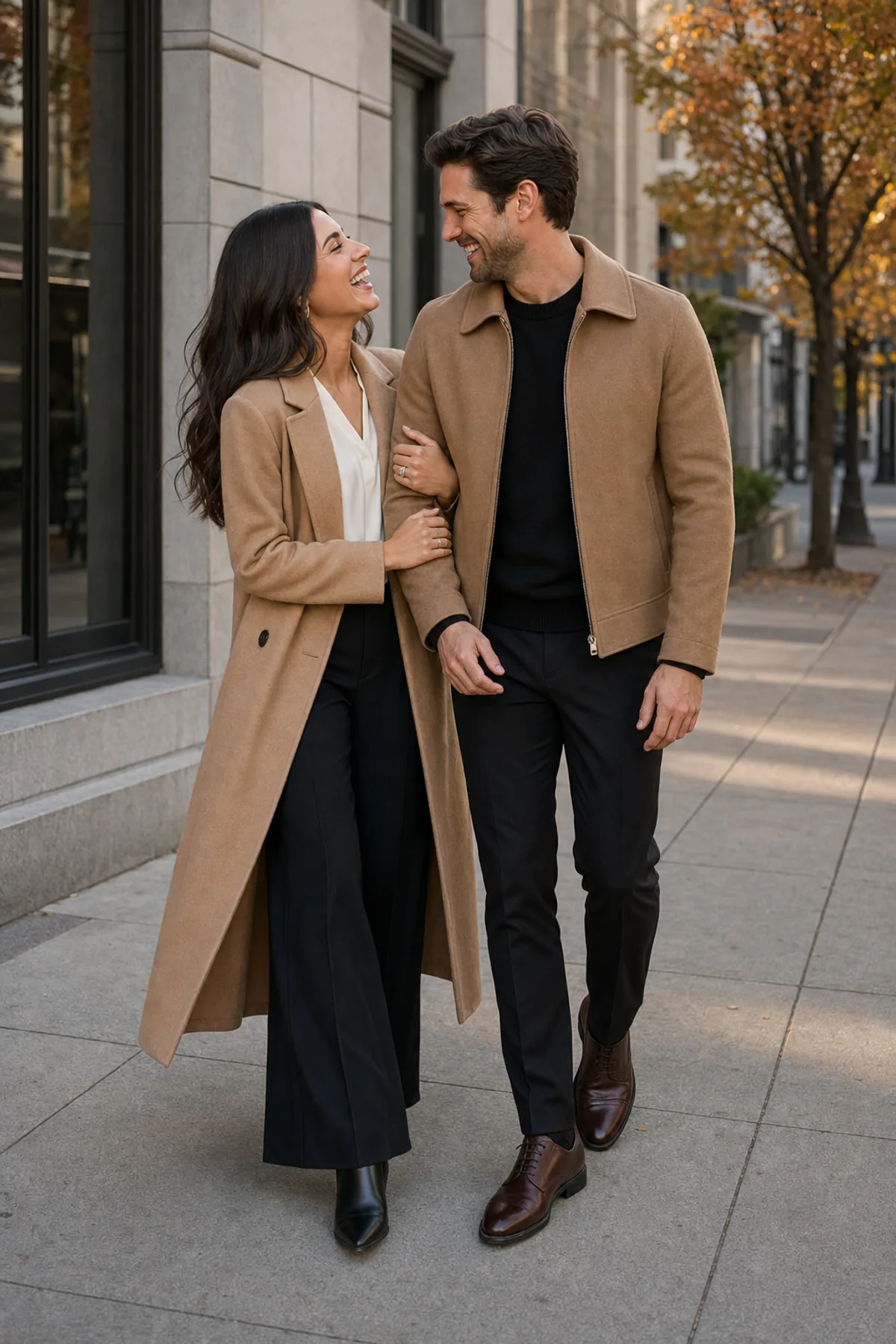 Fictional engaged couple walking arm in arm downtown in coordinated camel, ivory, and black outerwear