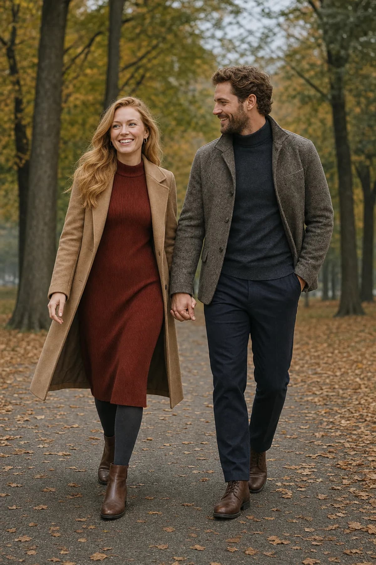 Fictional engaged couple smiling on a park path in a burgundy sweater dress and warm wool coats