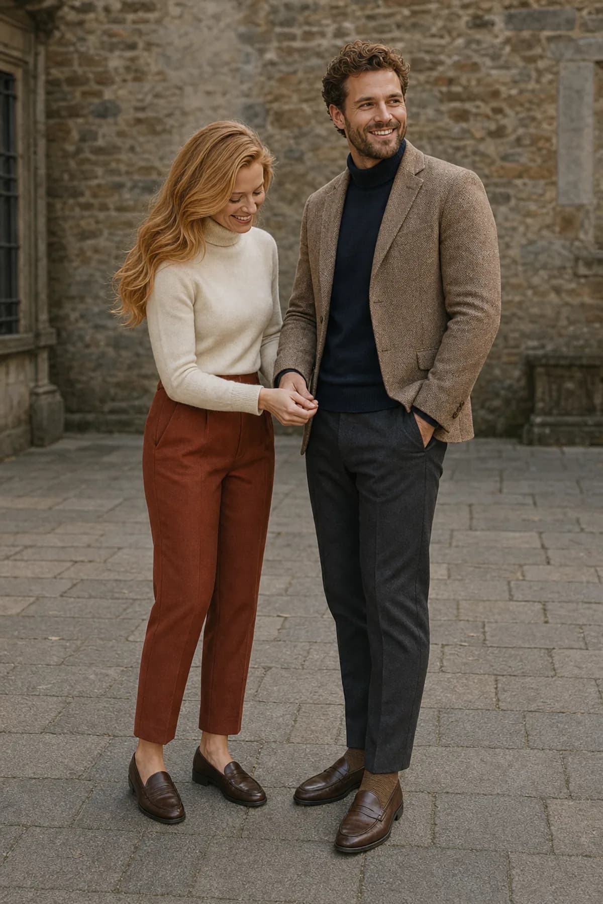 Fictional engaged couple sharing a relaxed moment in cream and navy turtlenecks with rust trousers and a camel blazer