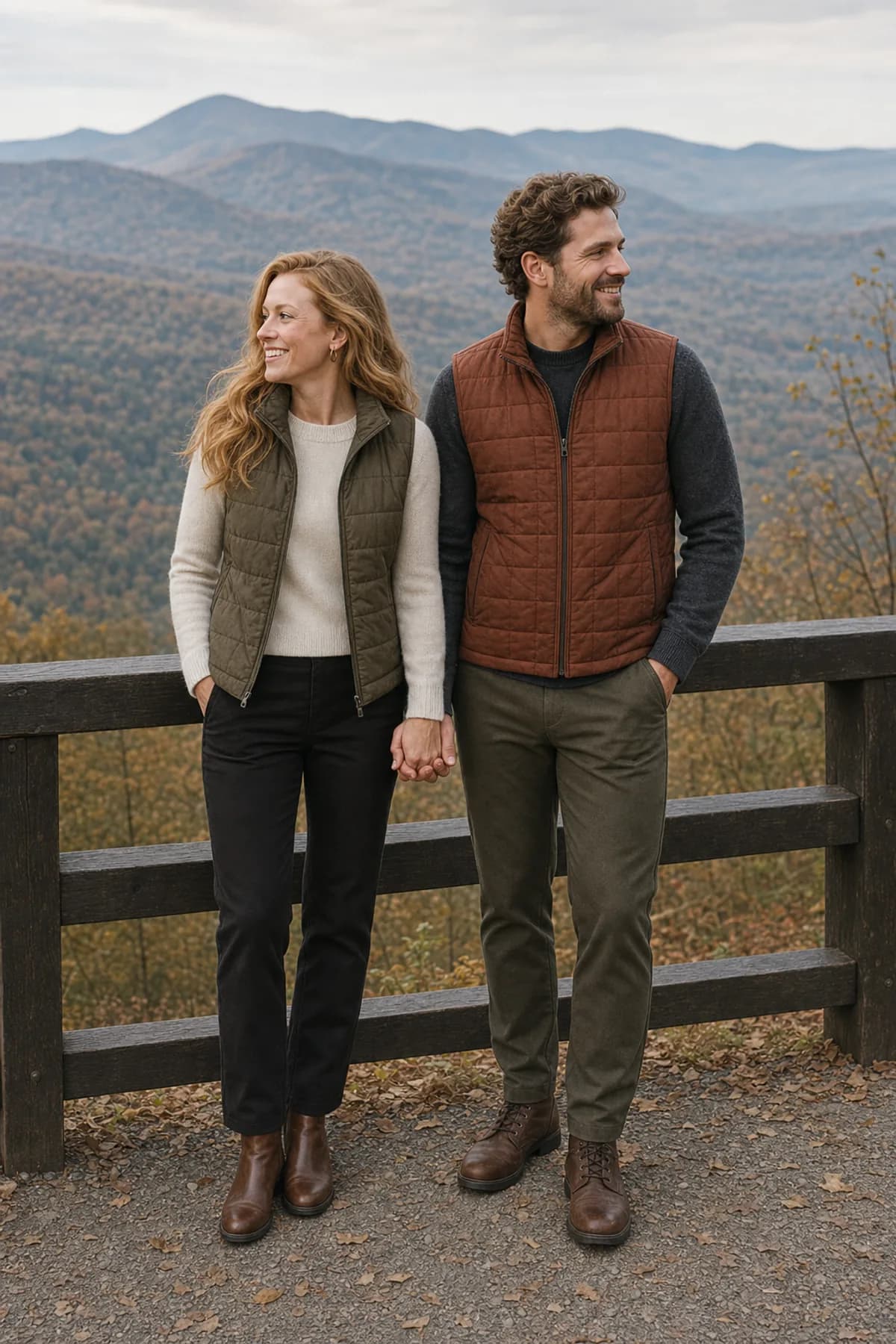 Fictional engaged couple holding hands at a guarded mountain overlook in olive and rust quilted vests
