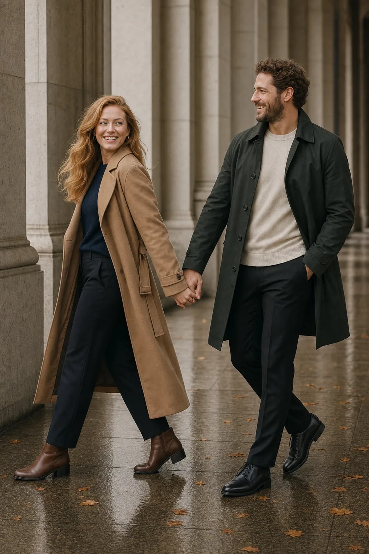 Fictional engaged couple walking hand in hand beneath city columns in camel and deep-green trench coats