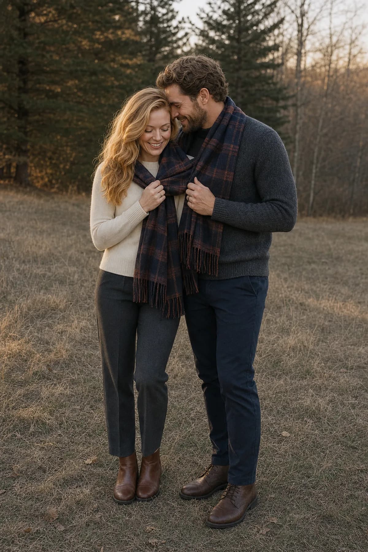 Fictional engaged couple leaning close while sharing one navy-and-rust plaid scarf in a field