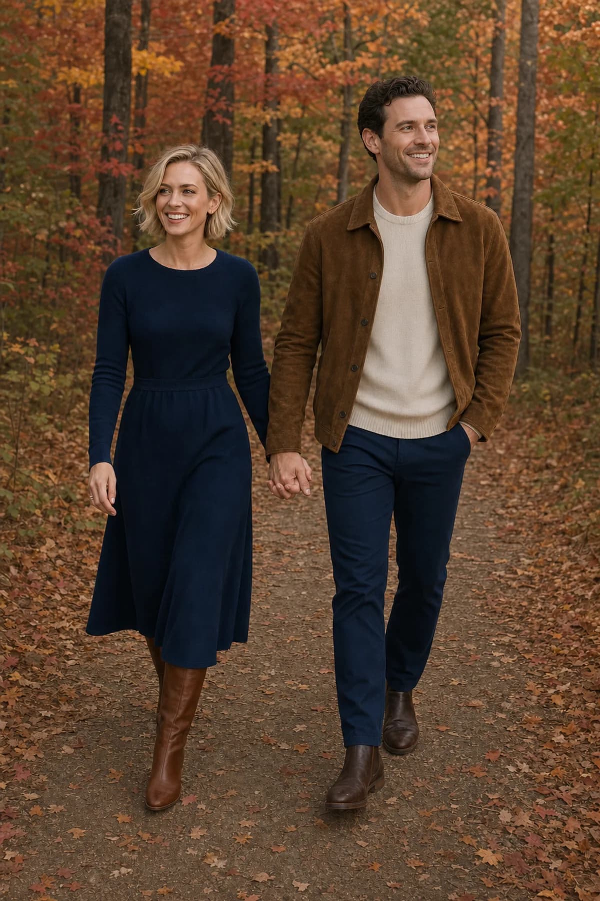 Fictional engaged couple holding hands in a red-orange forest while wearing navy, cream, and brown