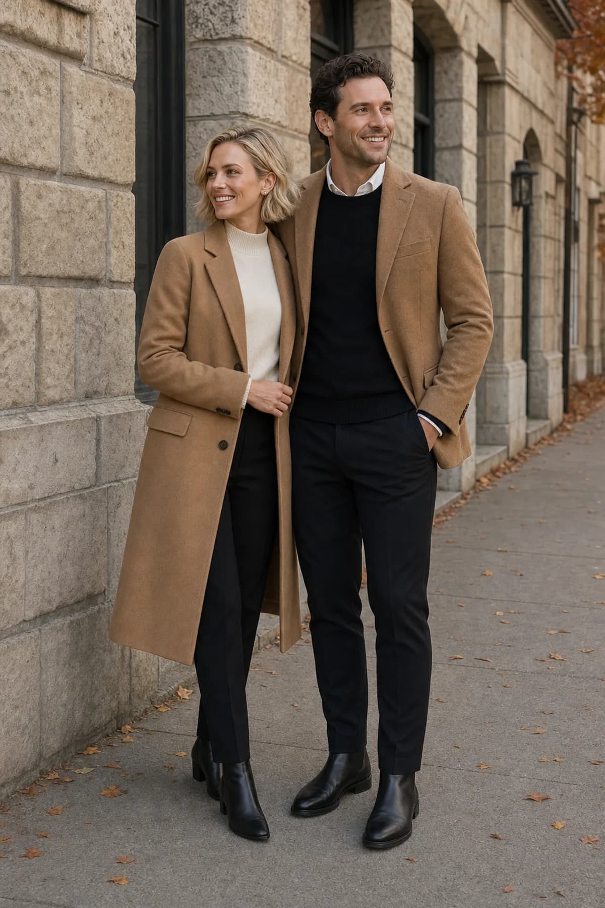 Fictional engaged couple walking beside gray stone in camel, ivory, and black city layers