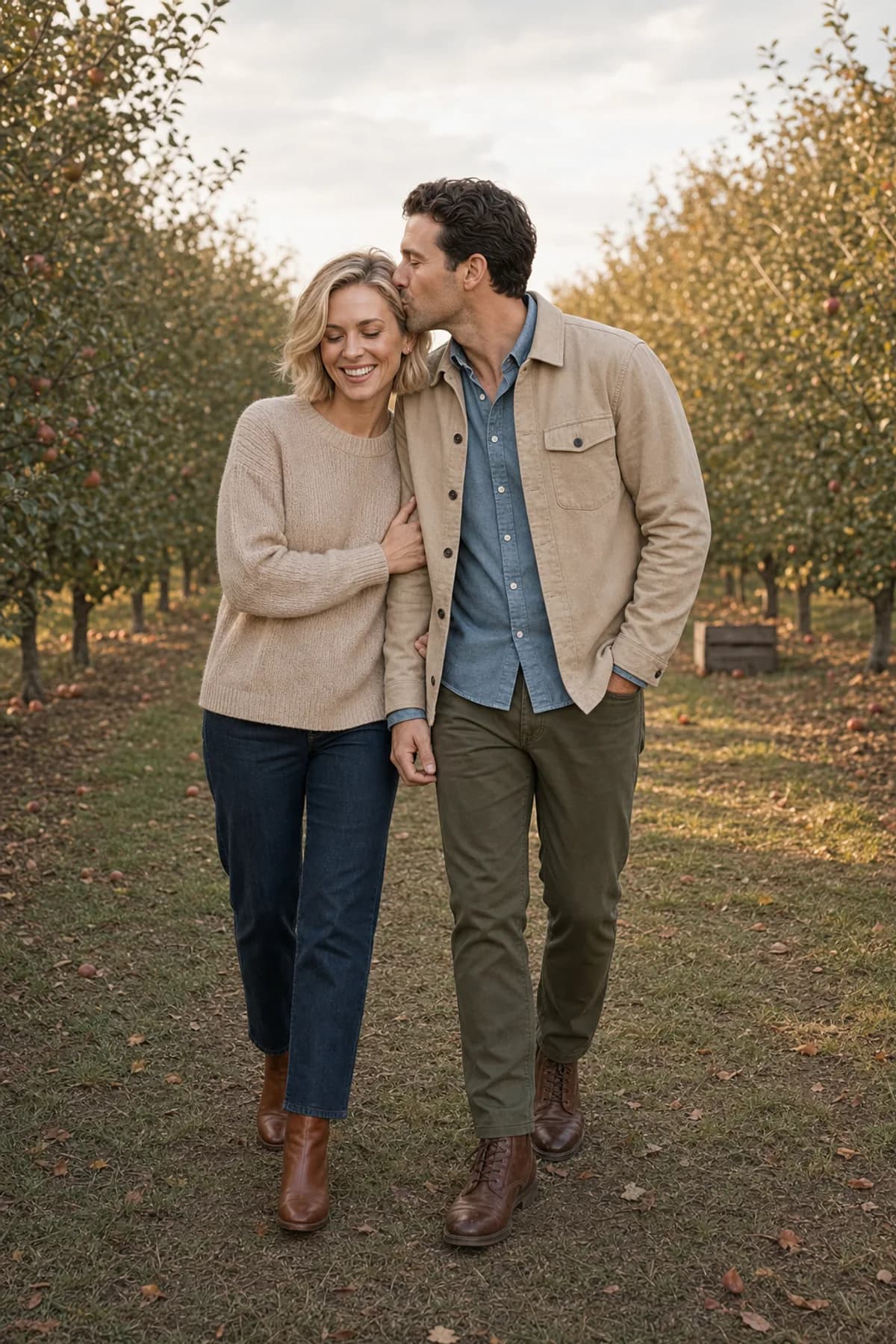 Fictional engaged couple sharing a temple kiss on an orchard walk in oat knitwear, denim, and olive trousers