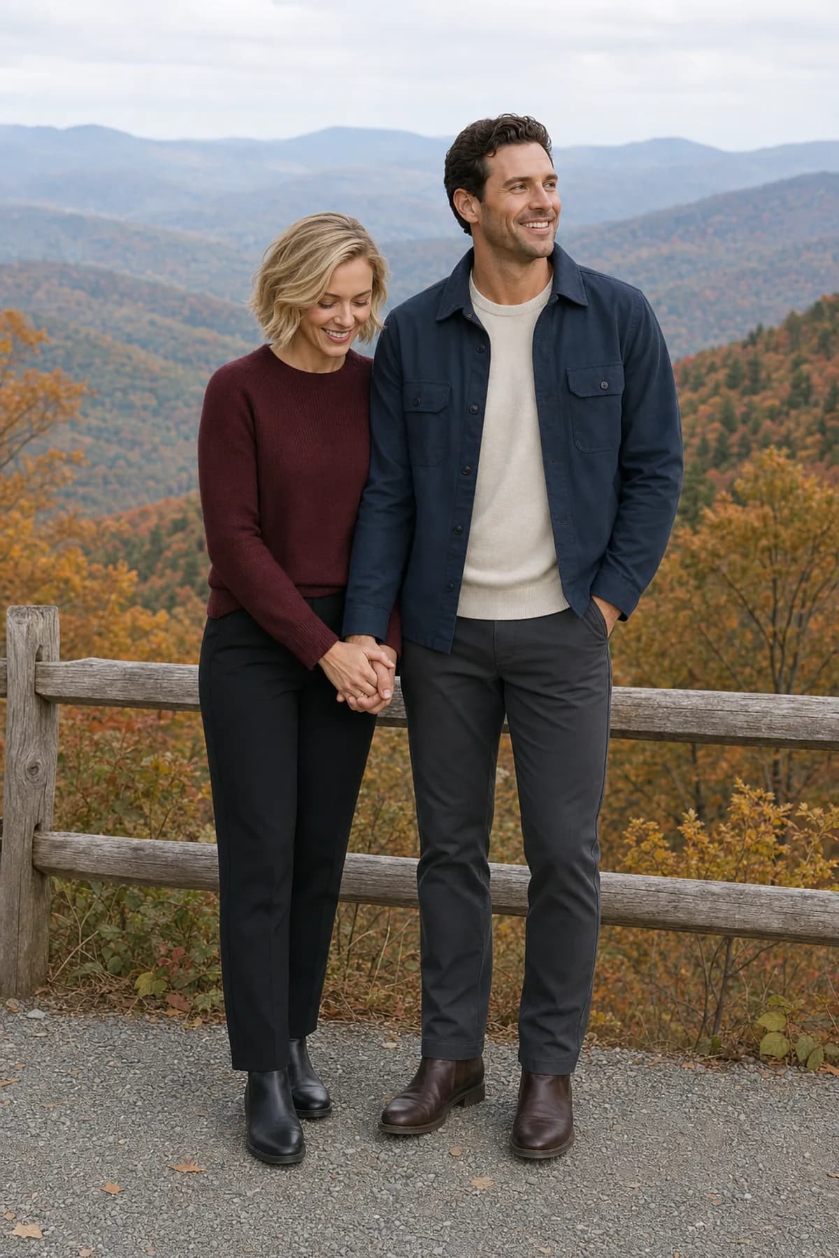 Fictional engaged couple standing hand in hand at a guarded overlook in polished burgundy and navy trail layers