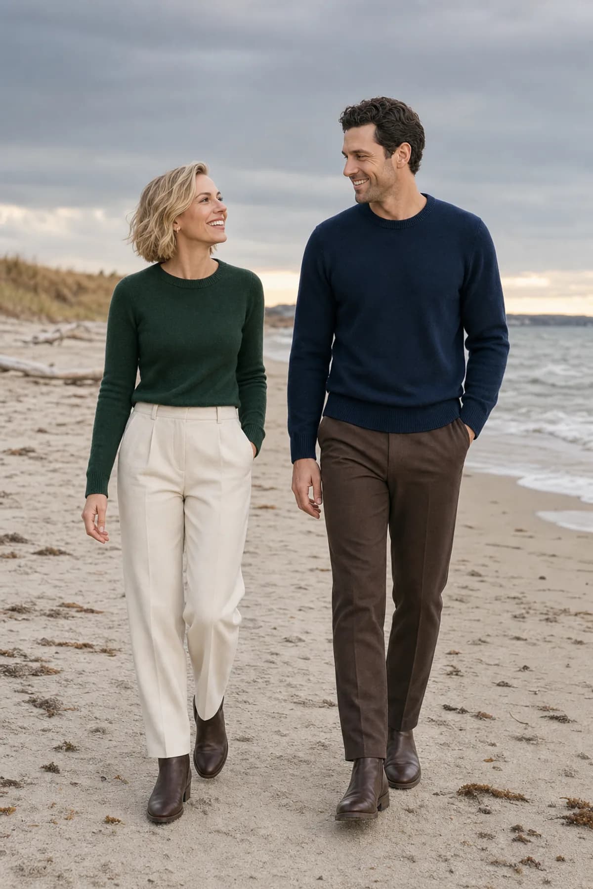 Fictional engaged couple walking together above the wet sand in deep-green, navy, cream, and brown knits