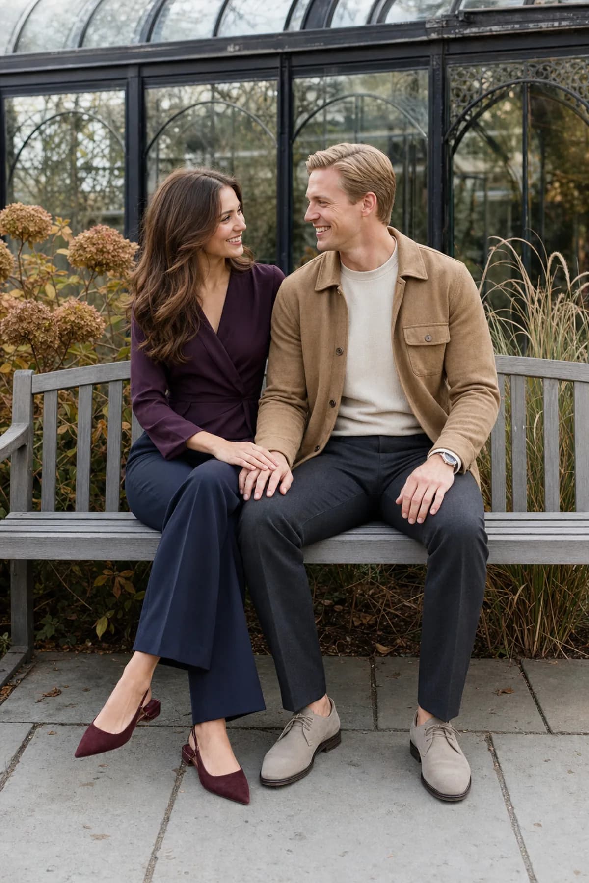 Fictional engaged couple seated close outside a glass conservatory in an aubergine wrap blouse and camel overshirt