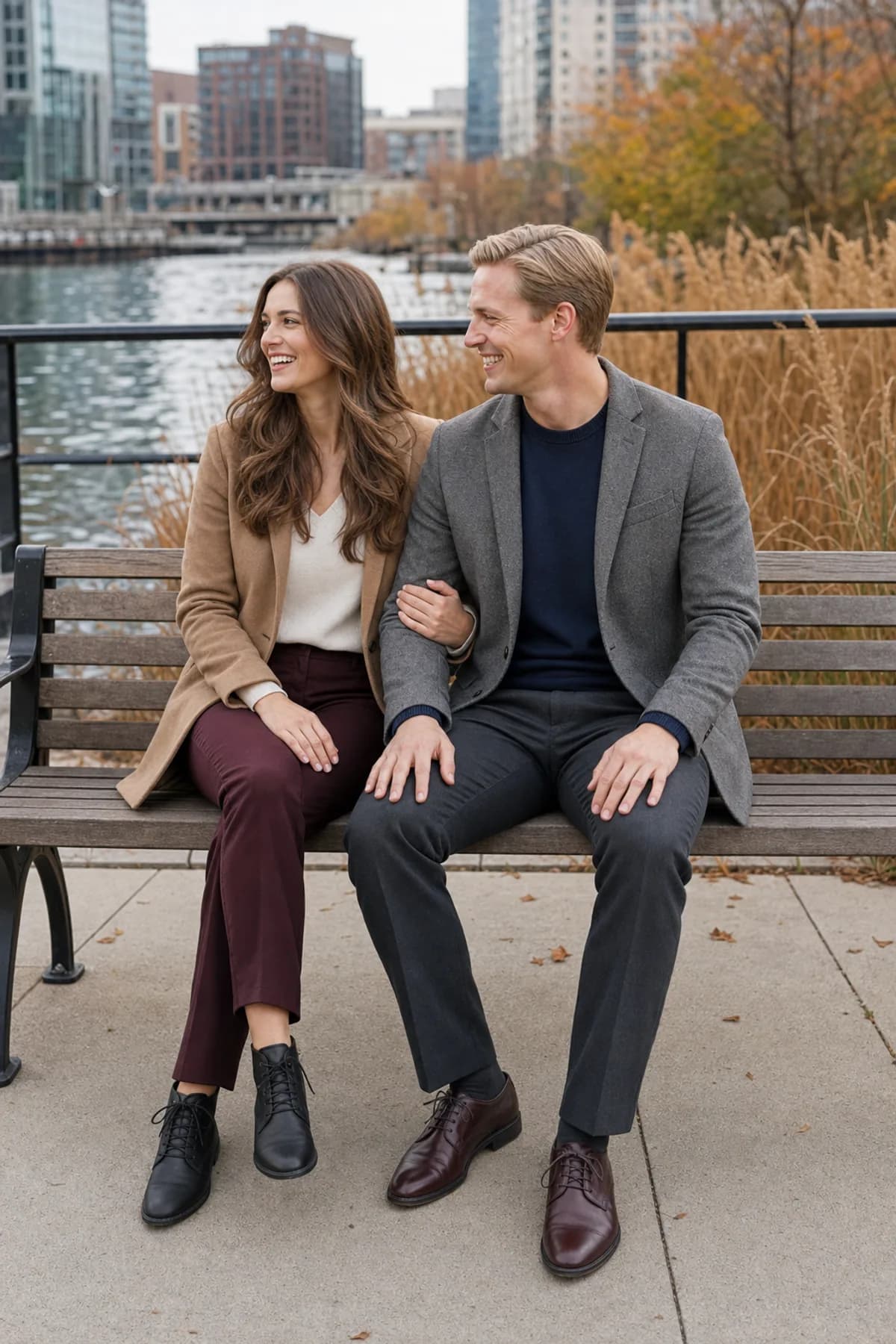 Fictional engaged couple sitting arm in arm on a canal promenade in burgundy trousers and shorter jackets
