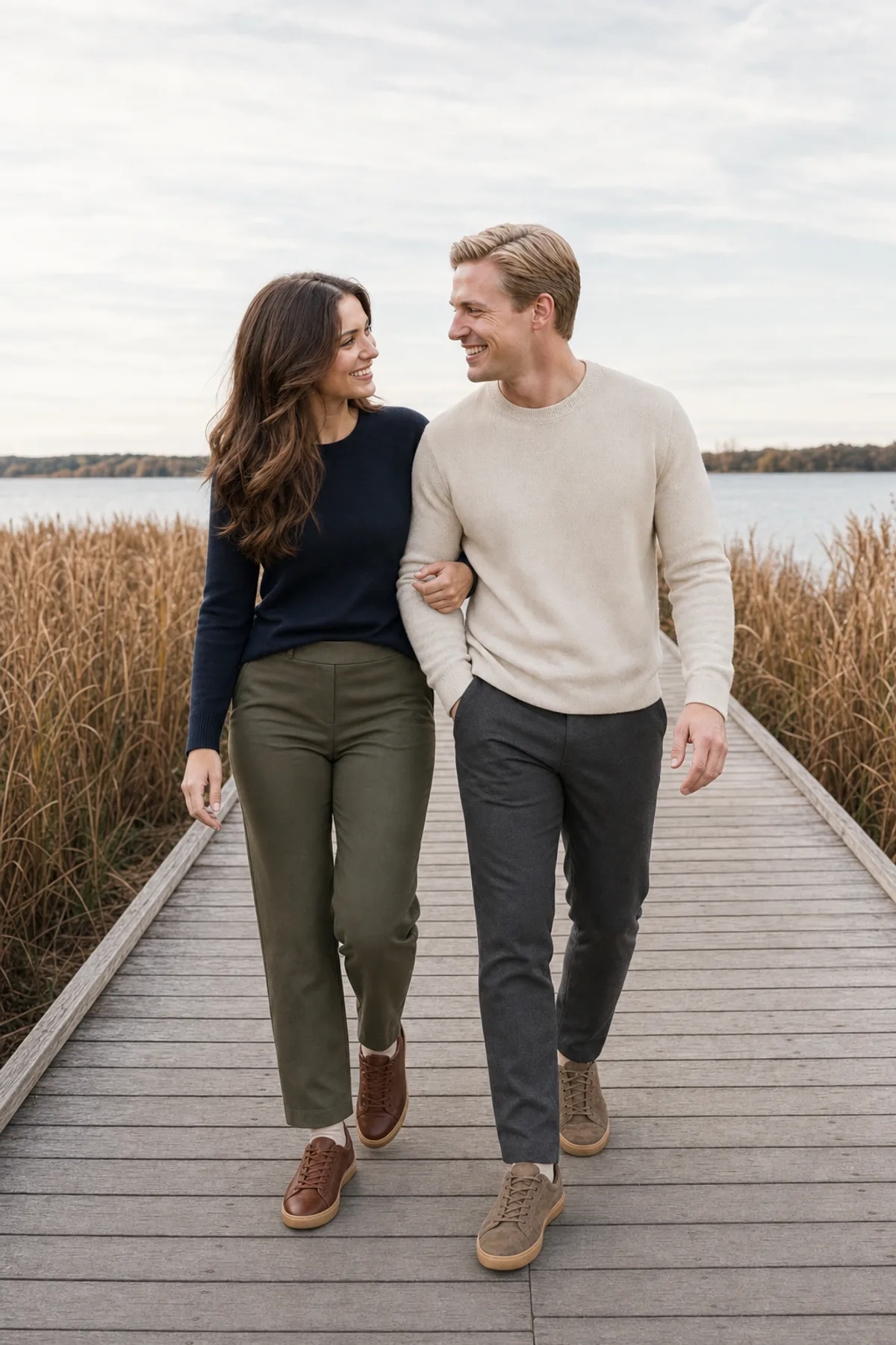 Fictional engaged couple walking arm in arm on a marsh boardwalk in soft navy and cream knits