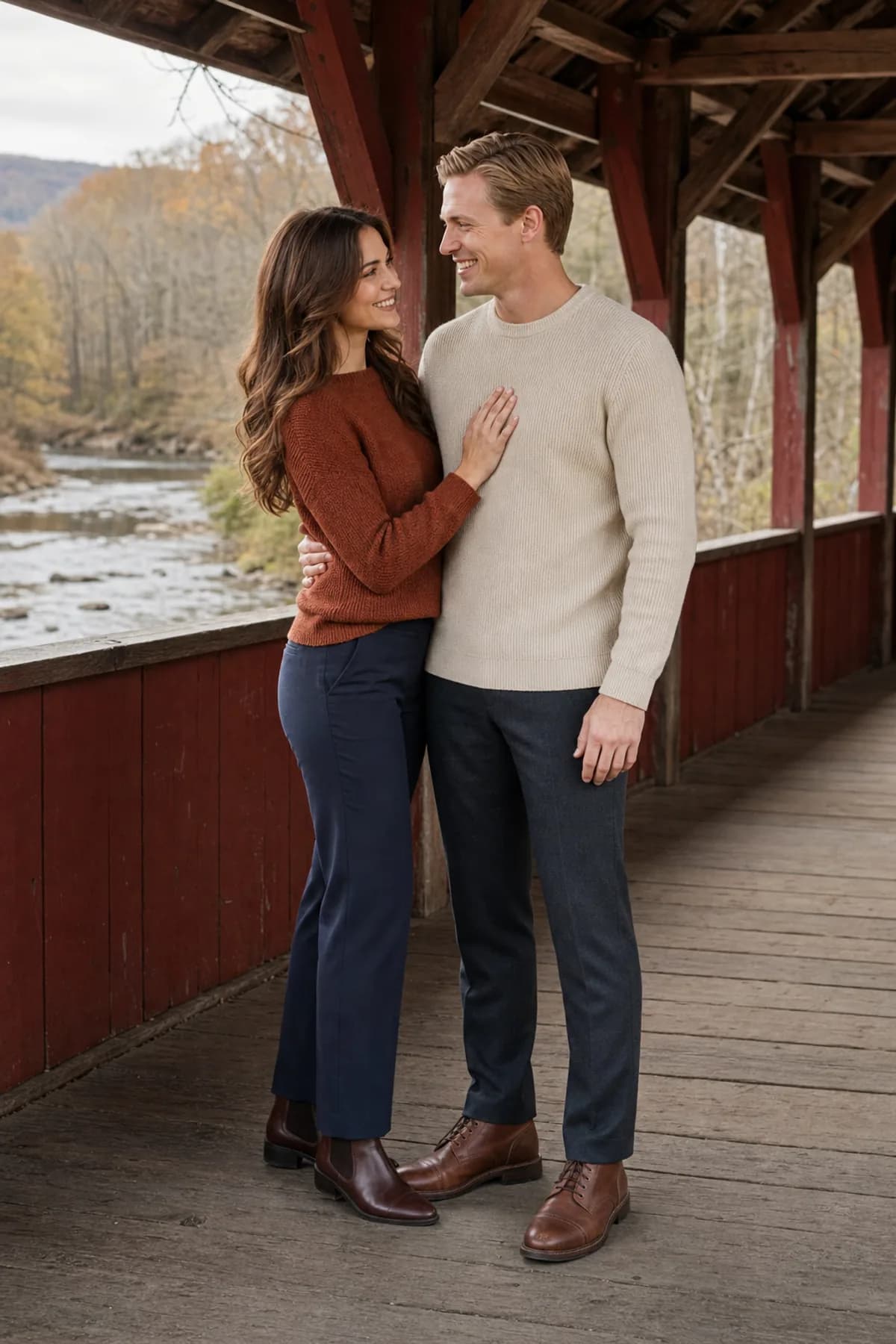 Fictional engaged couple standing naturally face to face inside a covered bridge in rust and cream textured knits