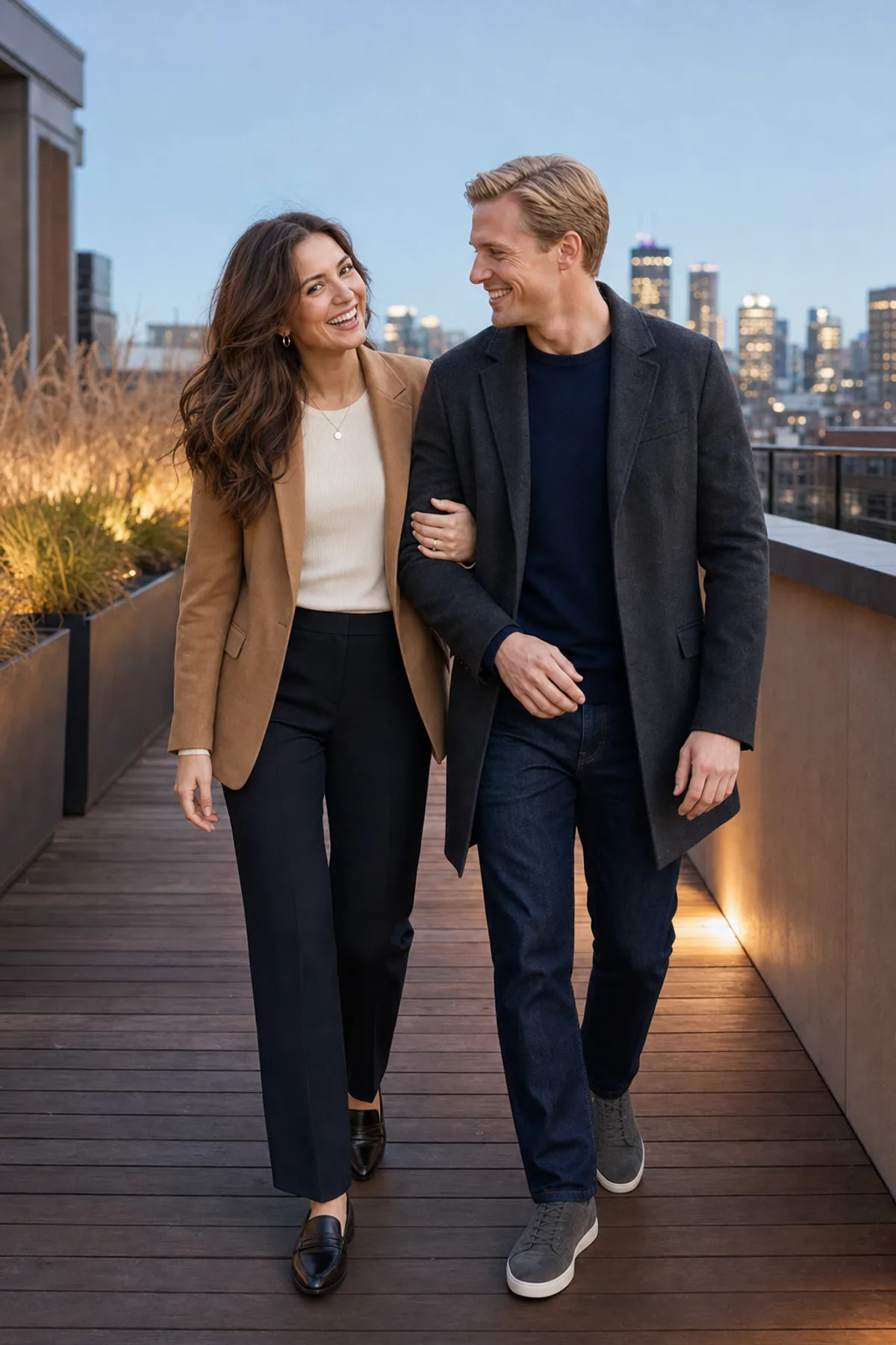 Fictional engaged couple walking arm in arm on a rooftop garden at blue hour in closet-first fall layers