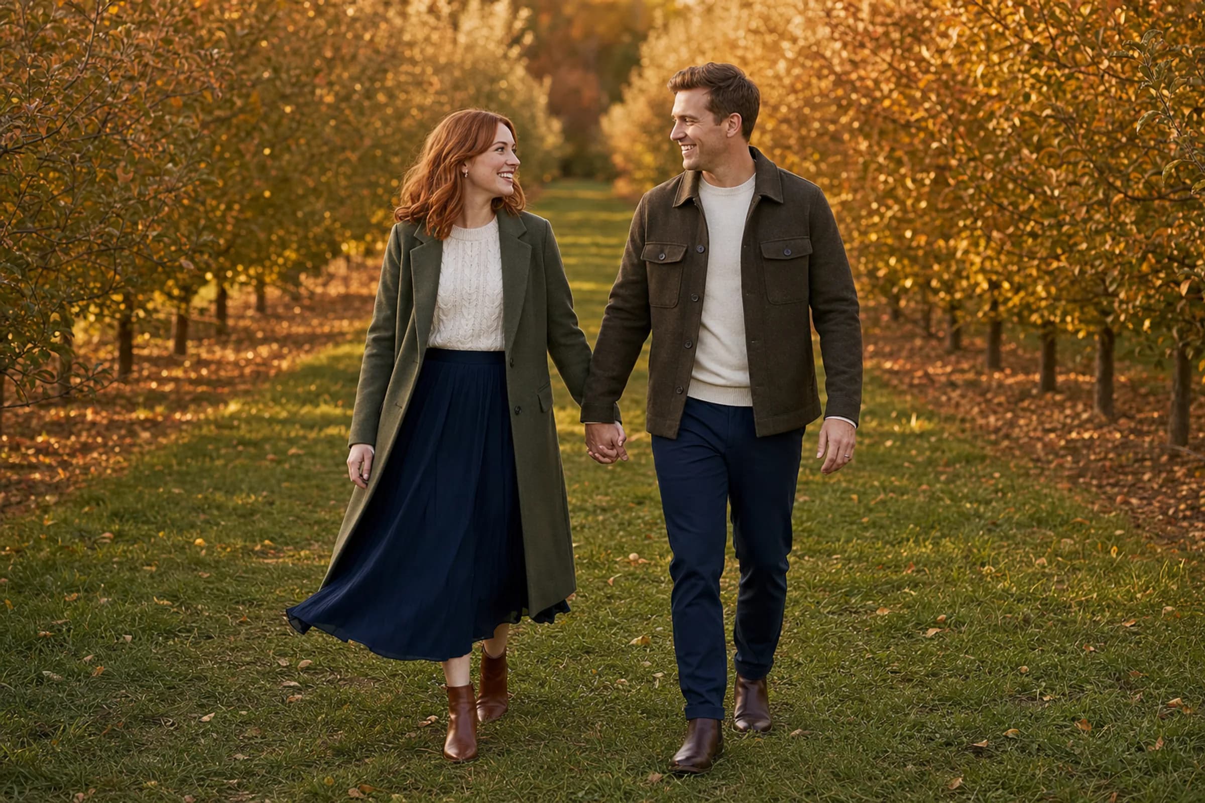 Fictional engaged couple walking through a fall orchard in coordinated cream, olive, navy, and brown layers