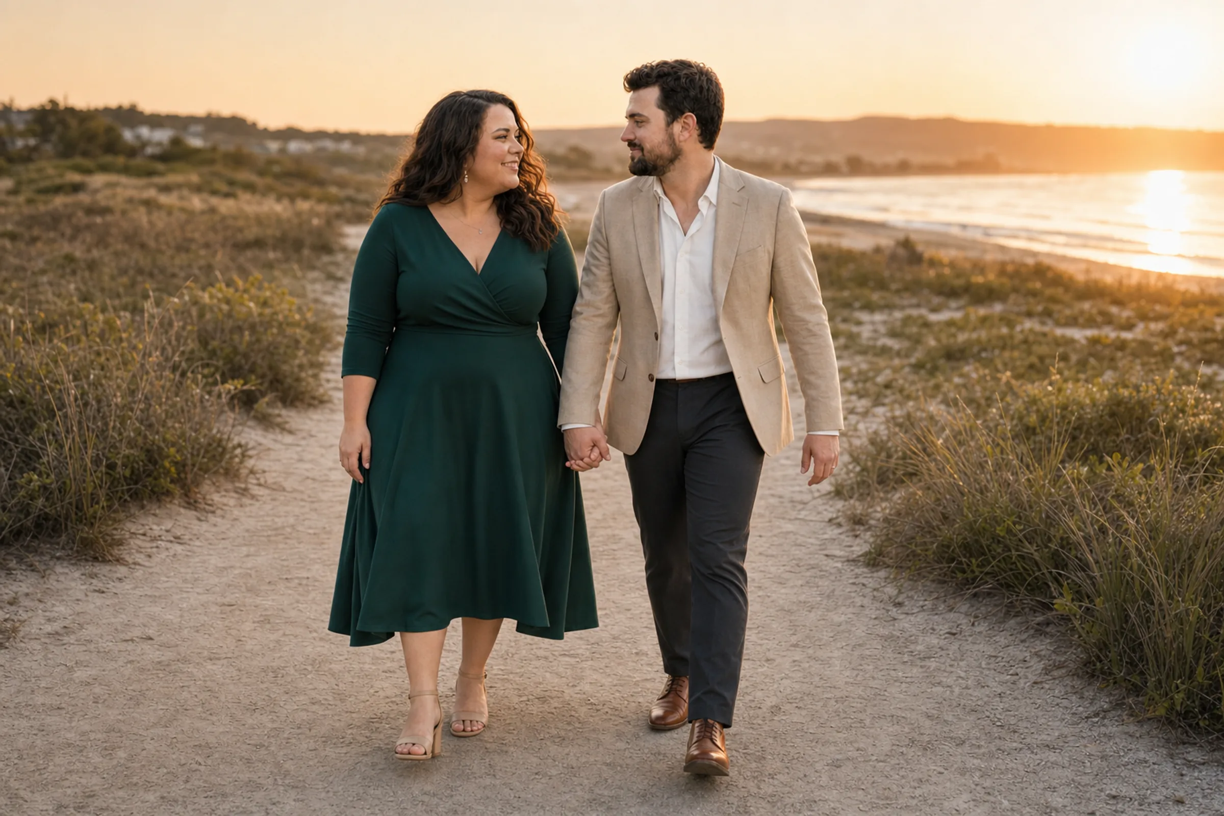 Fictional couple walking hand in hand along a beach path at sunset