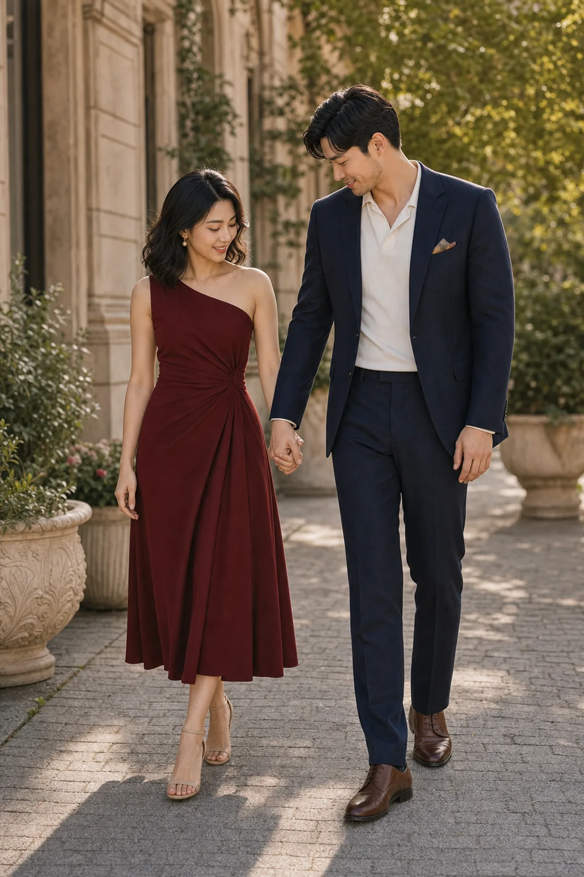 Fictional couple walking on a city path while looking at their joined hands