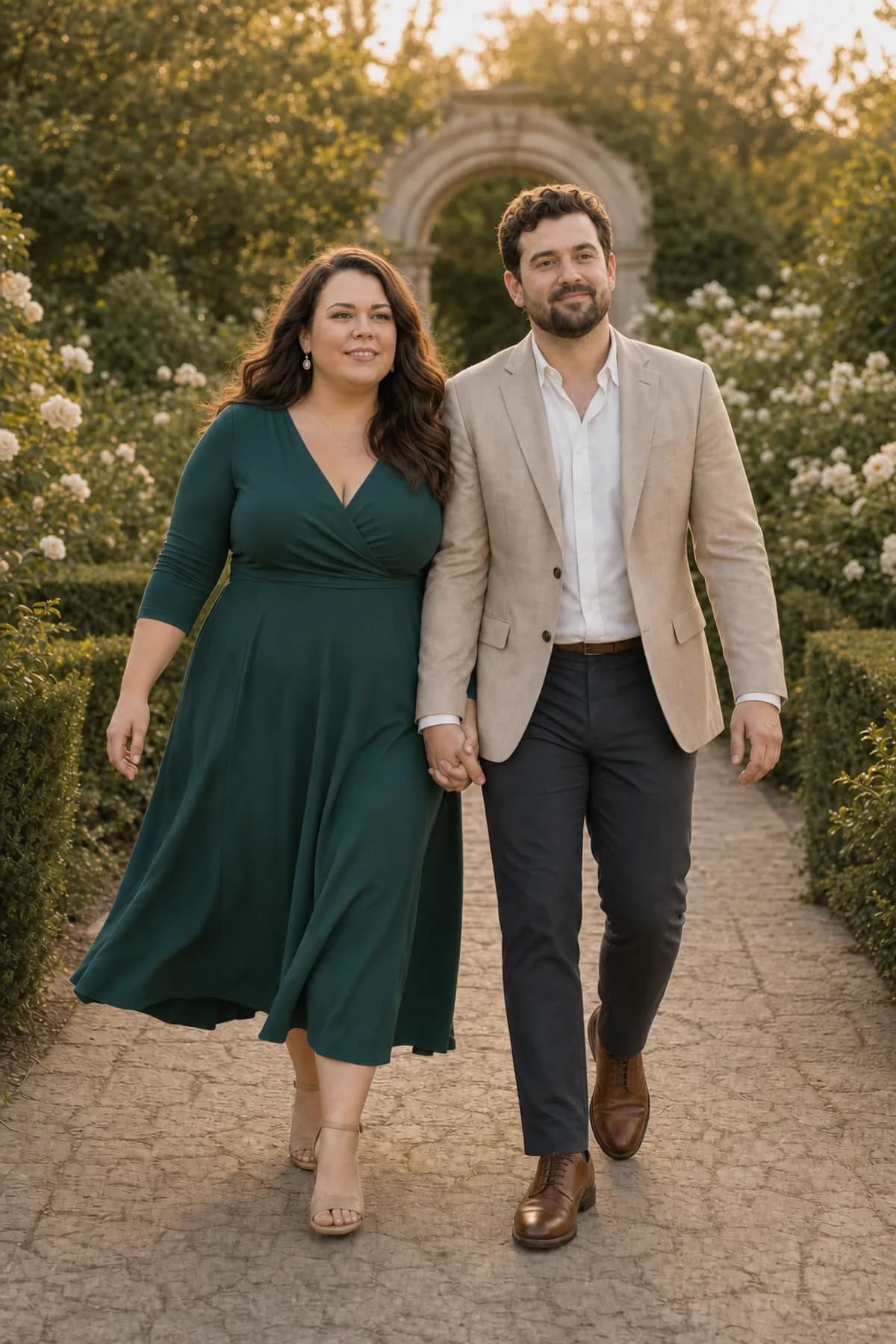 Fictional couple bumping shoulders while walking hand in hand through a garden