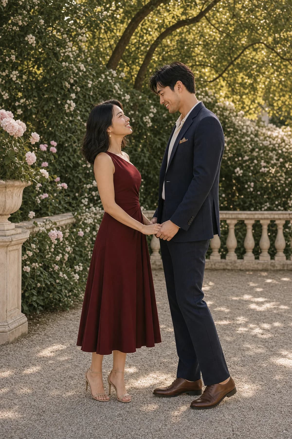 Fictional couple facing each other and swaying while holding both hands