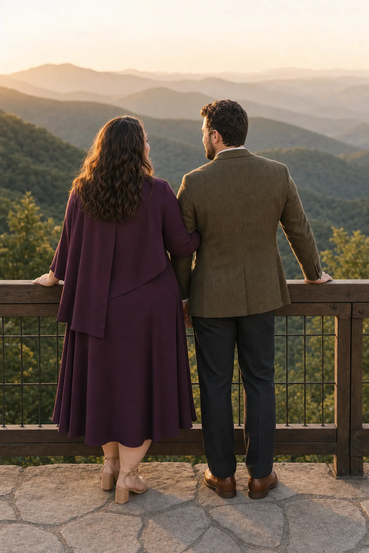 Fictional couple standing elbow to elbow at a guarded mountain overlook