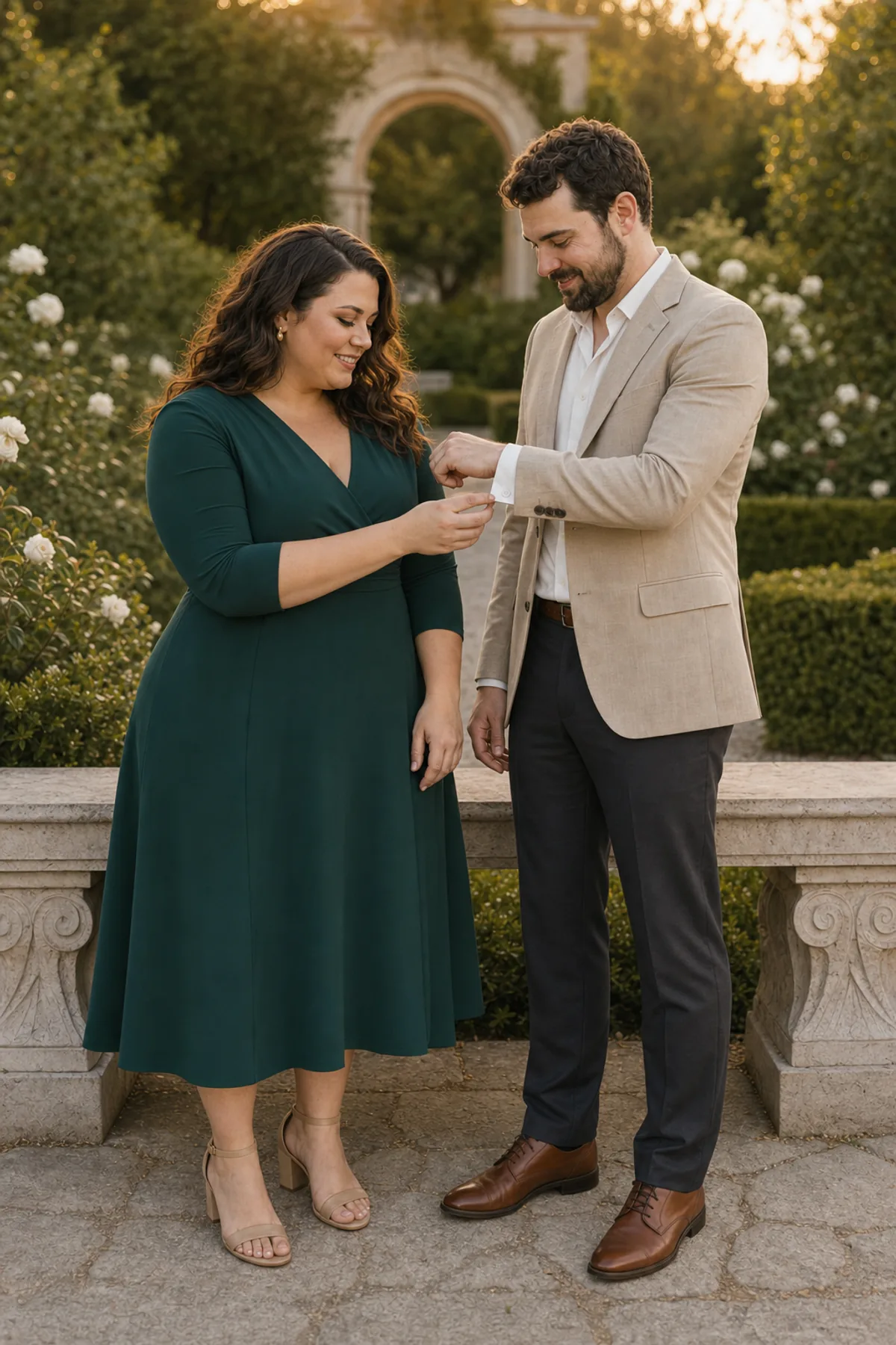 Fictional couple smiling as one partner adjusts the other partner's cuff