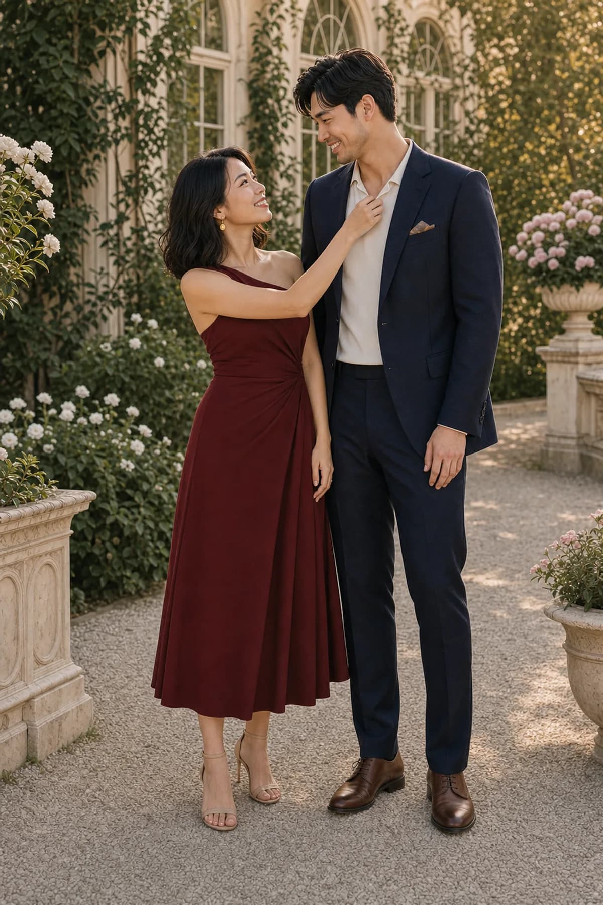 Fictional couple meeting each other's eyes after a gentle collar adjustment