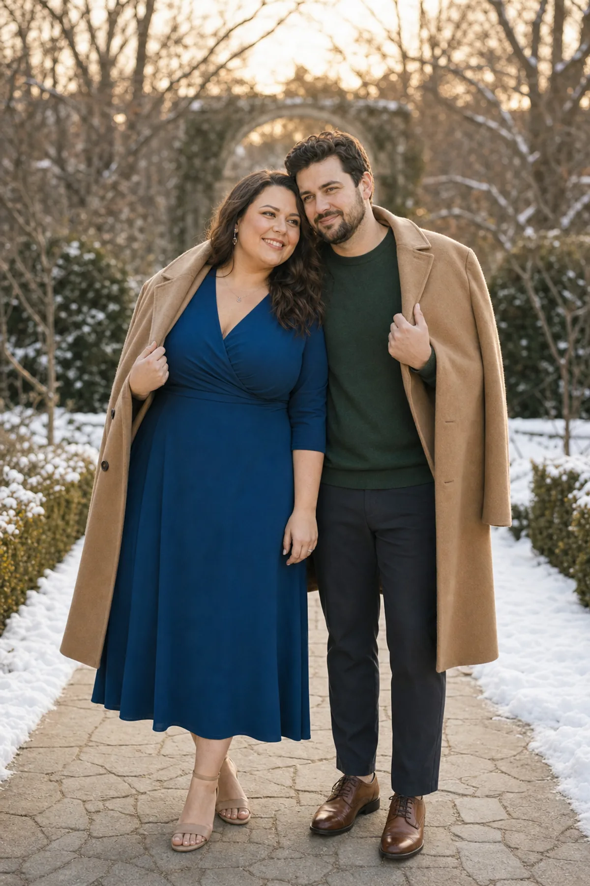 Fictional couple holding one shared jacket with their temples together