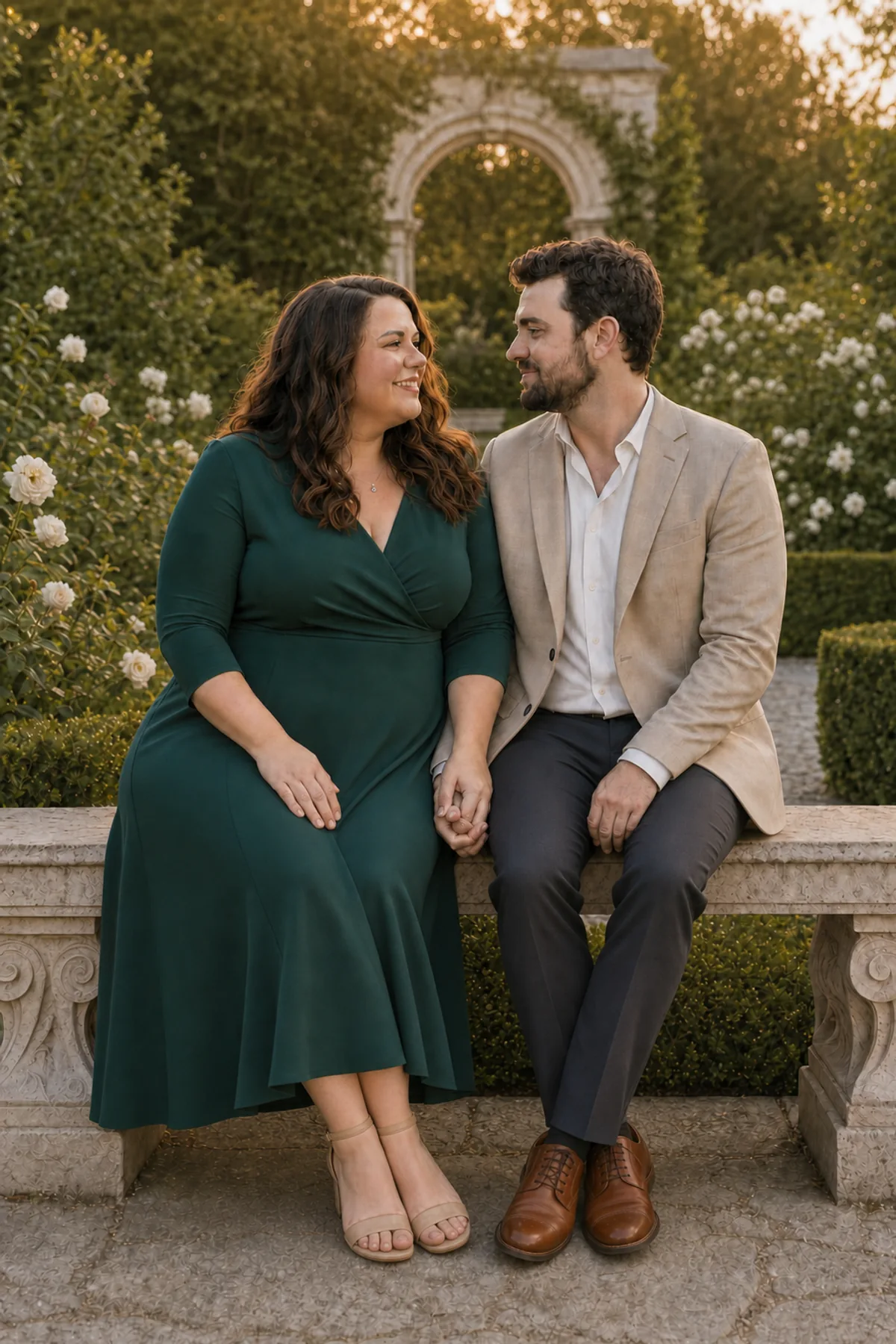 Fictional couple seated with knees inward and joined hands between them