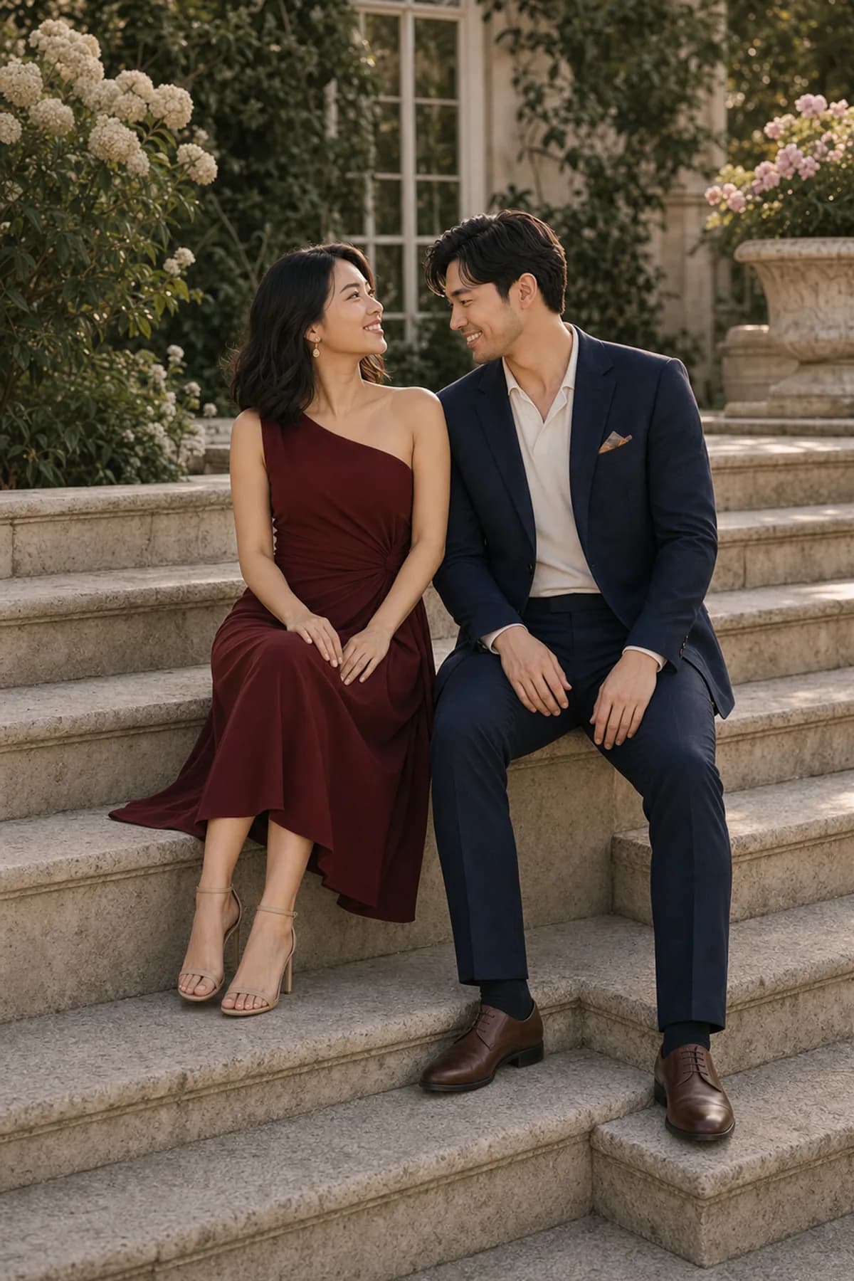 Fictional height-difference couple seated on separate steps with shoulders turned together