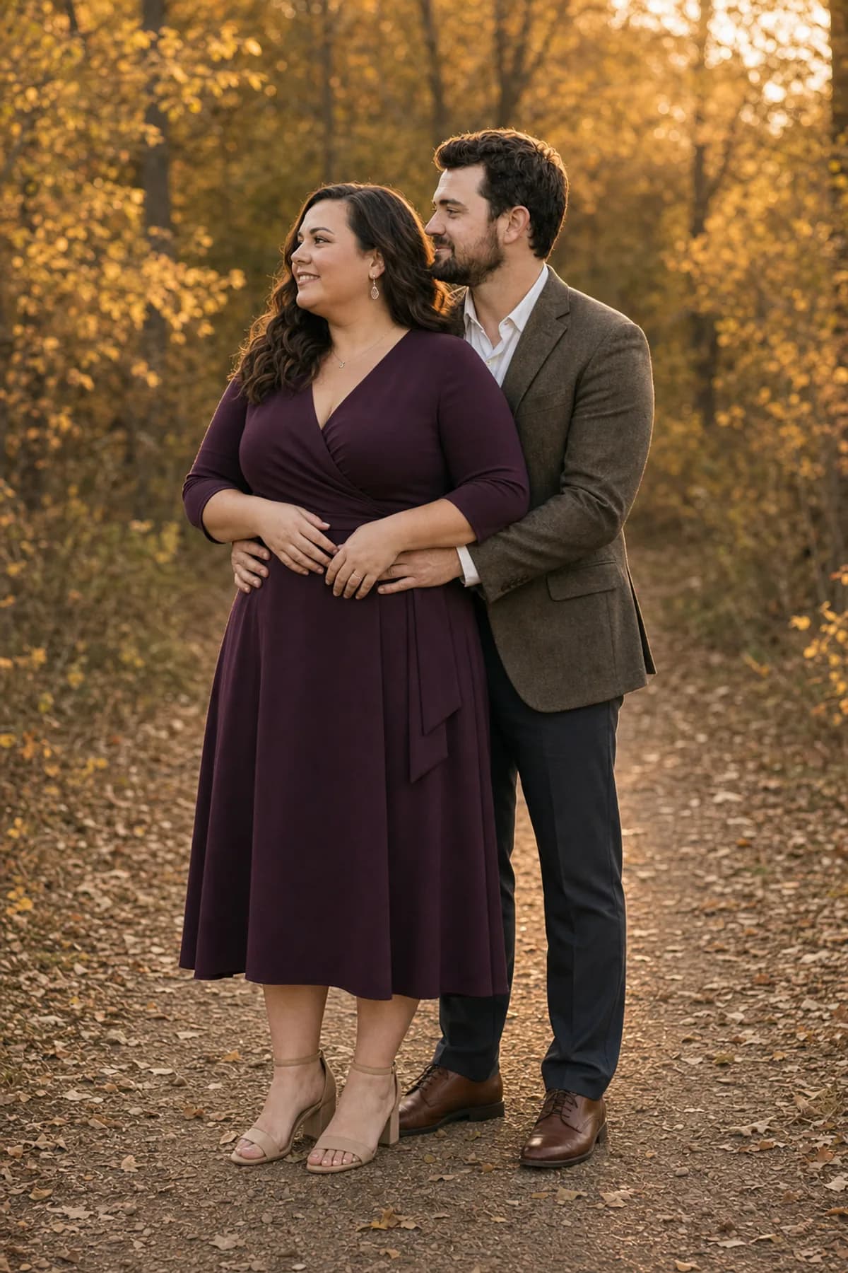 Fictional couple standing back to front with a soft waist embrace