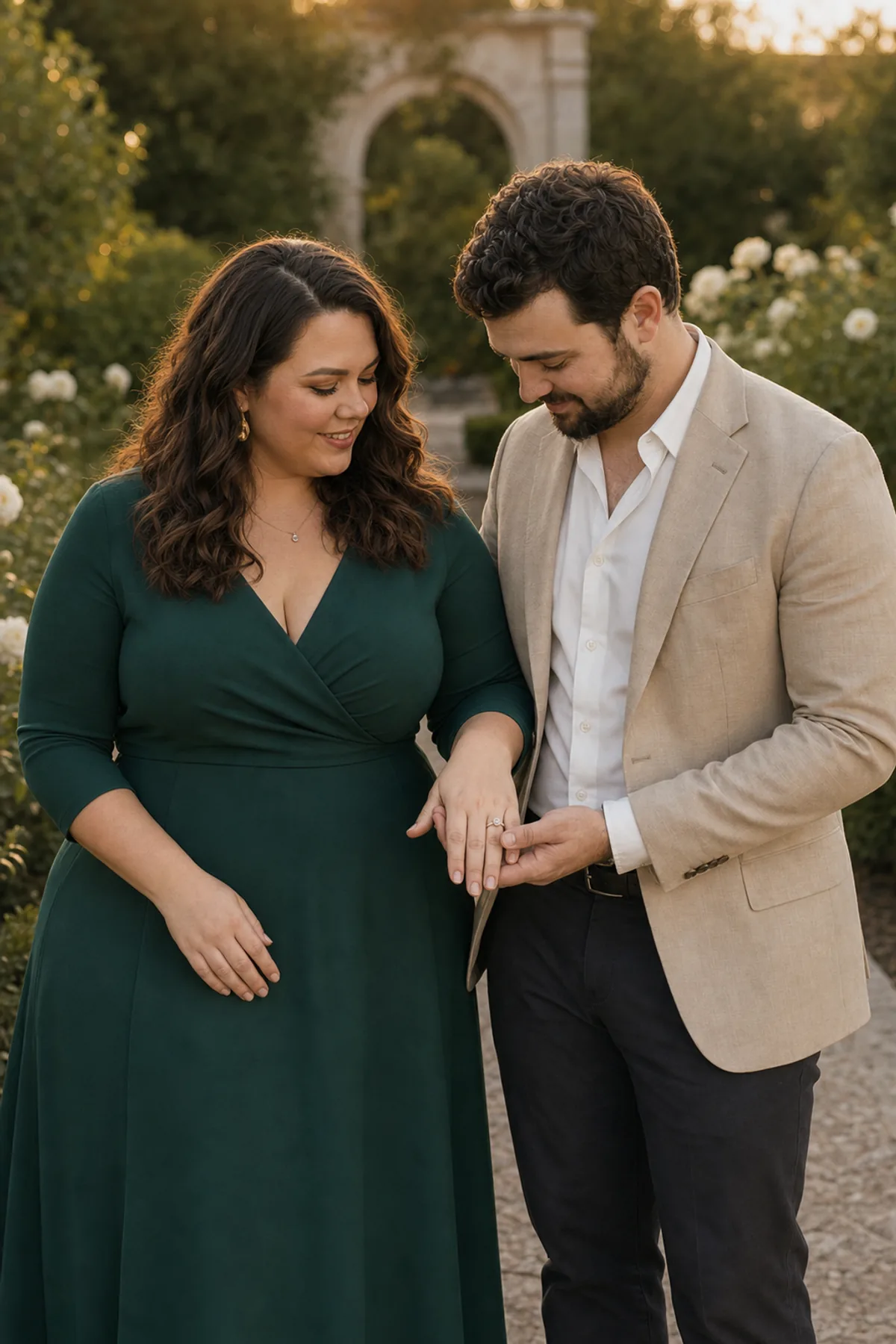 Fictional couple holding hands at waist height and looking at an engagement ring