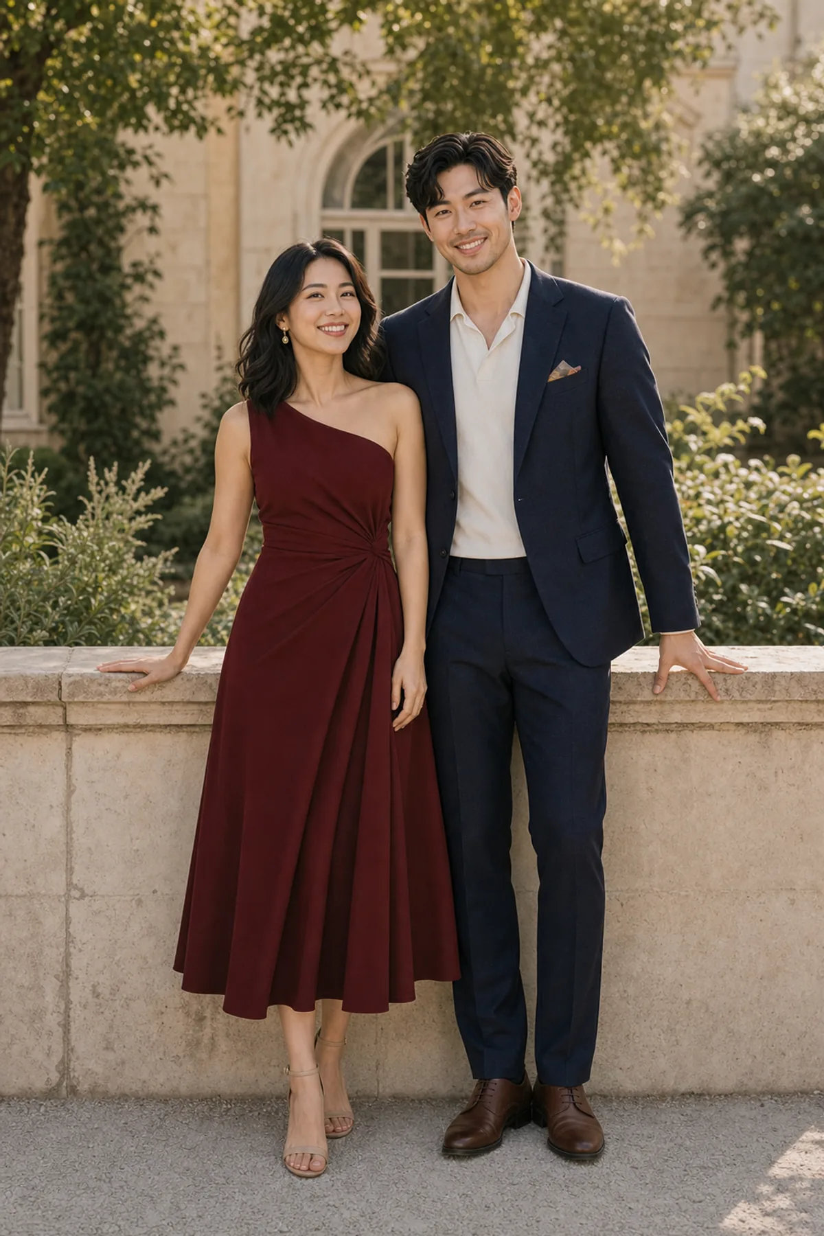 Fictional couple leaning hip to hip with outside hands balancing naturally