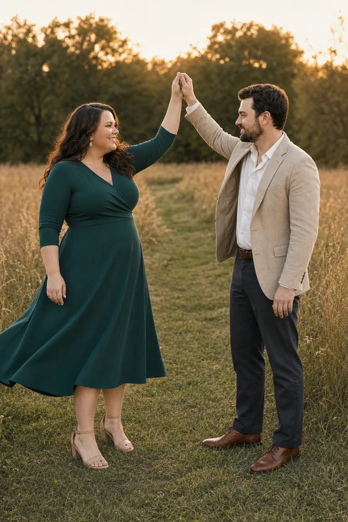 Fictional couple finishing a slow hand-led turn while making eye contact