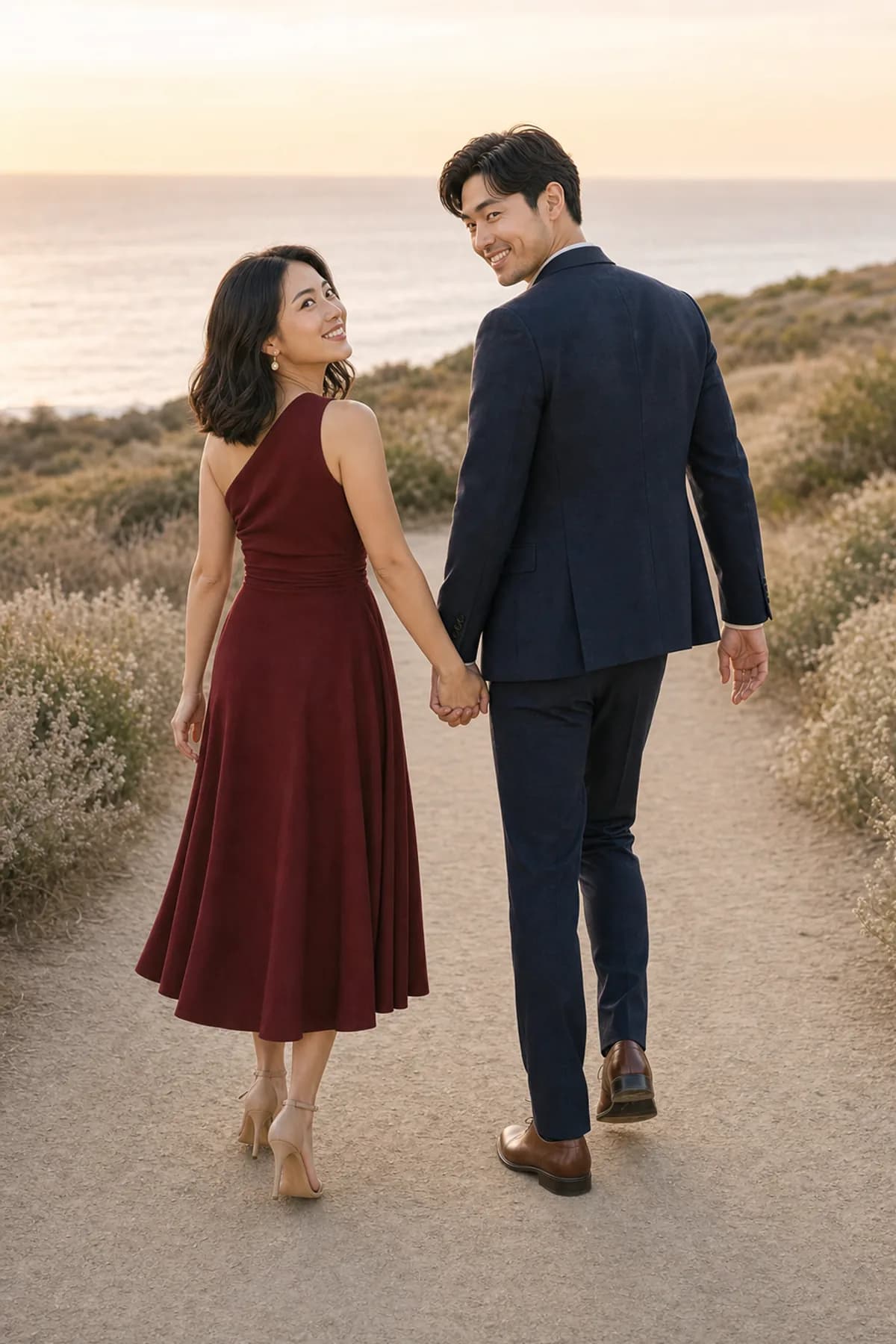 Fictional couple walking away with hands joined behind them as they glance back