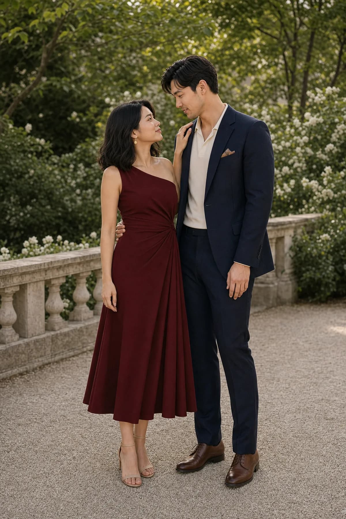 Fictional couple standing close with one hand at a shoulder and one at a waist