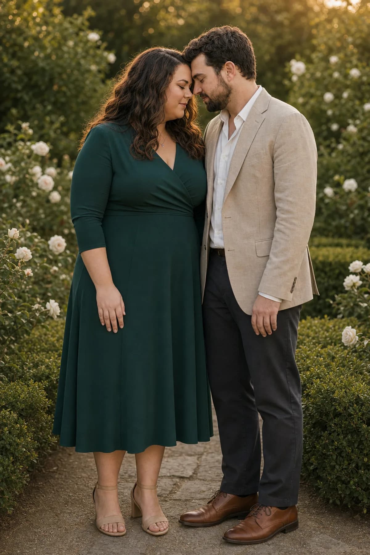 Fictional couple touching foreheads with relaxed hands and closed eyes