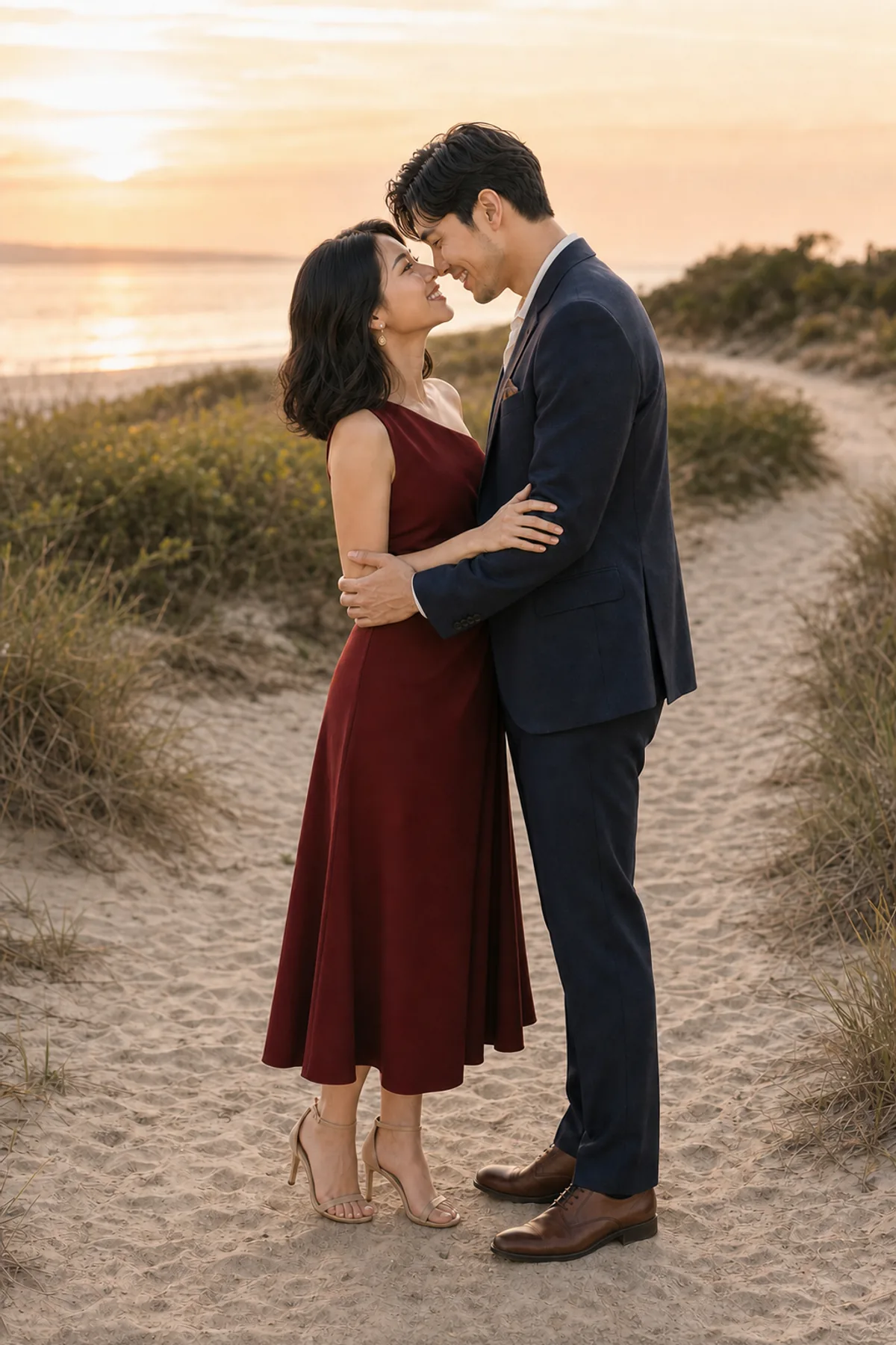 Fictional couple touching noses and smiling during a pause before a kiss