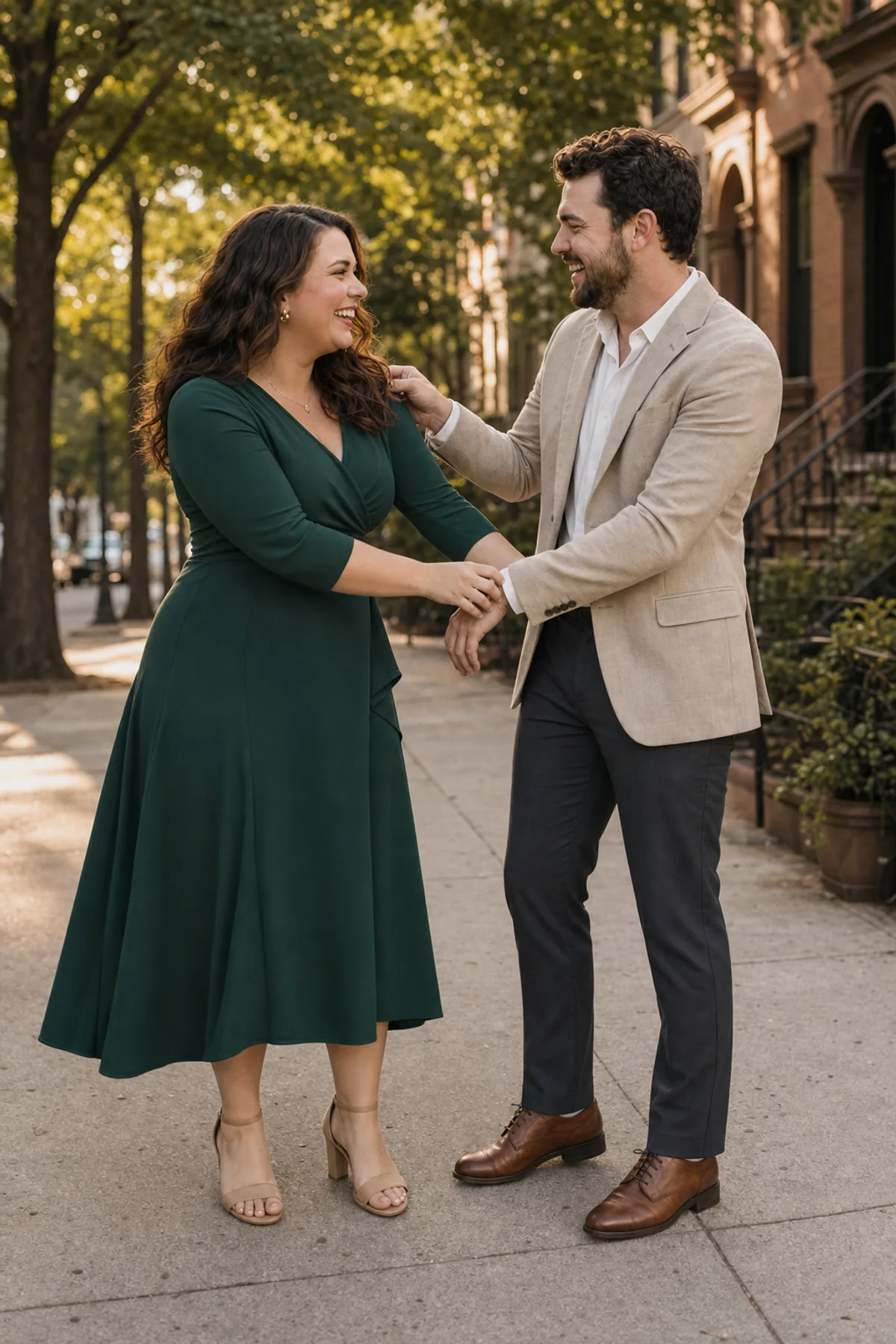 Fictional couple laughing while helping each other reset their clothes
