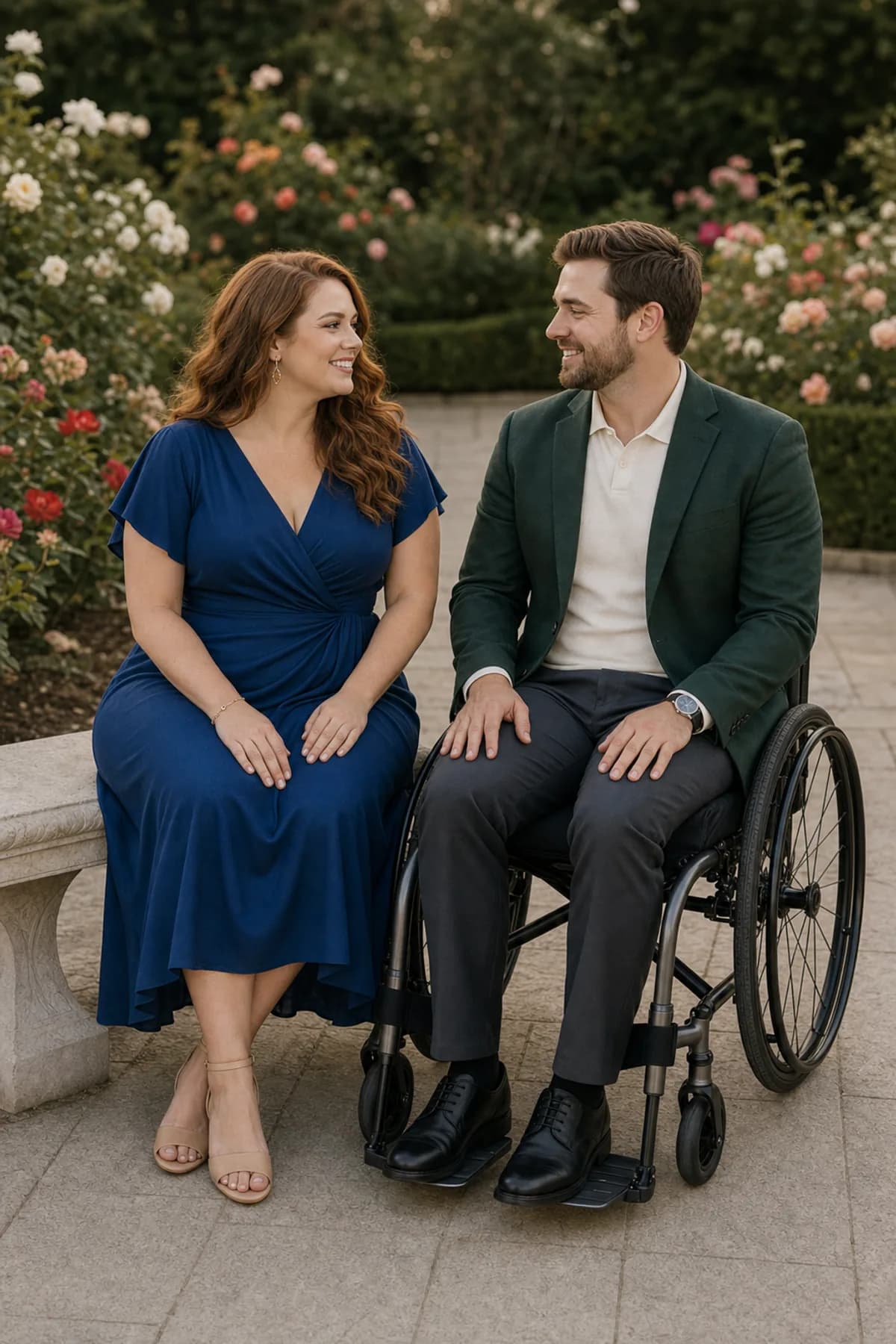 Fictional wheelchair user and partner sharing a comfortable seated eye line